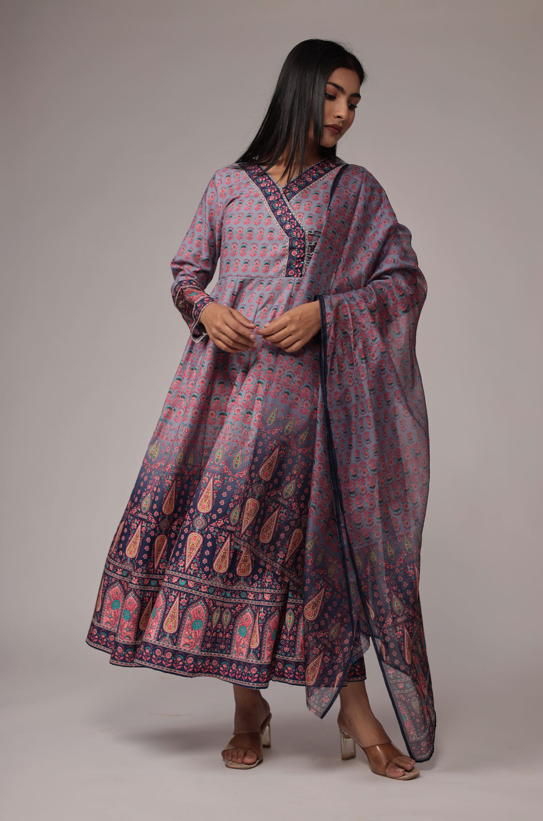 Shaded Blue Fine Digital Print Anarkali Dupatta Set with Zari Embroidery Detailing