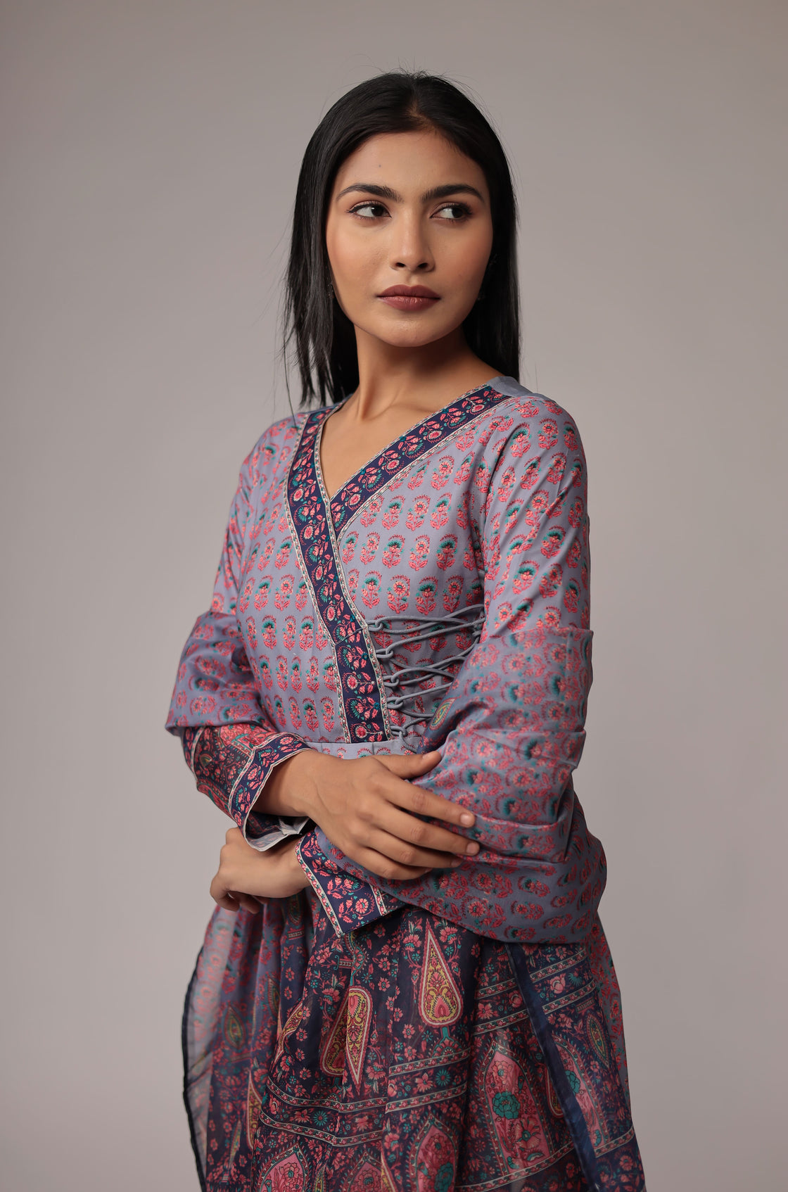 Shaded Blue Fine Digital Print Anarkali Dupatta Set with Zari Embroidery Detailing