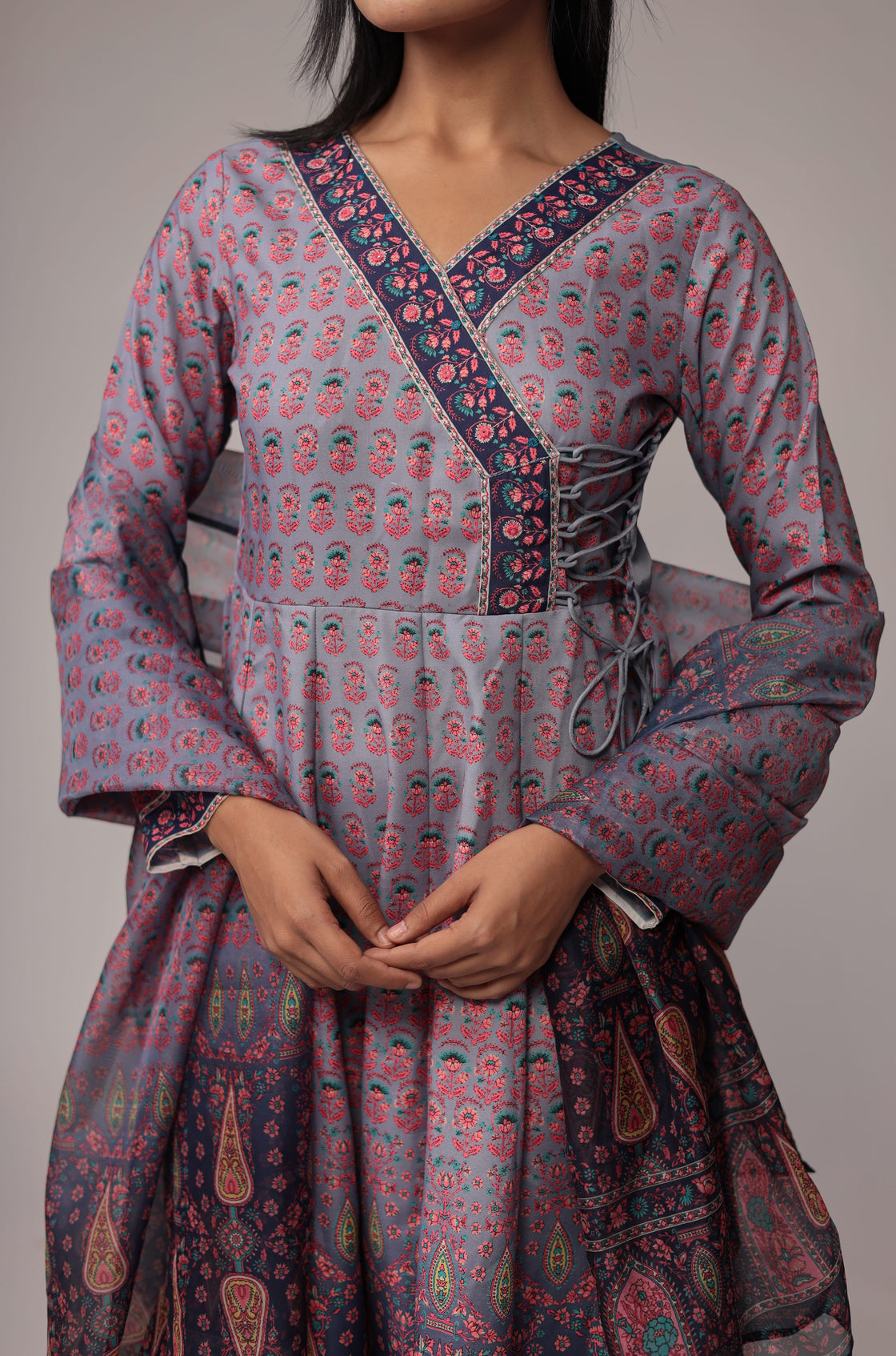 Shaded Blue Fine Digital Print Anarkali Dupatta Set with Zari Embroidery Detailing