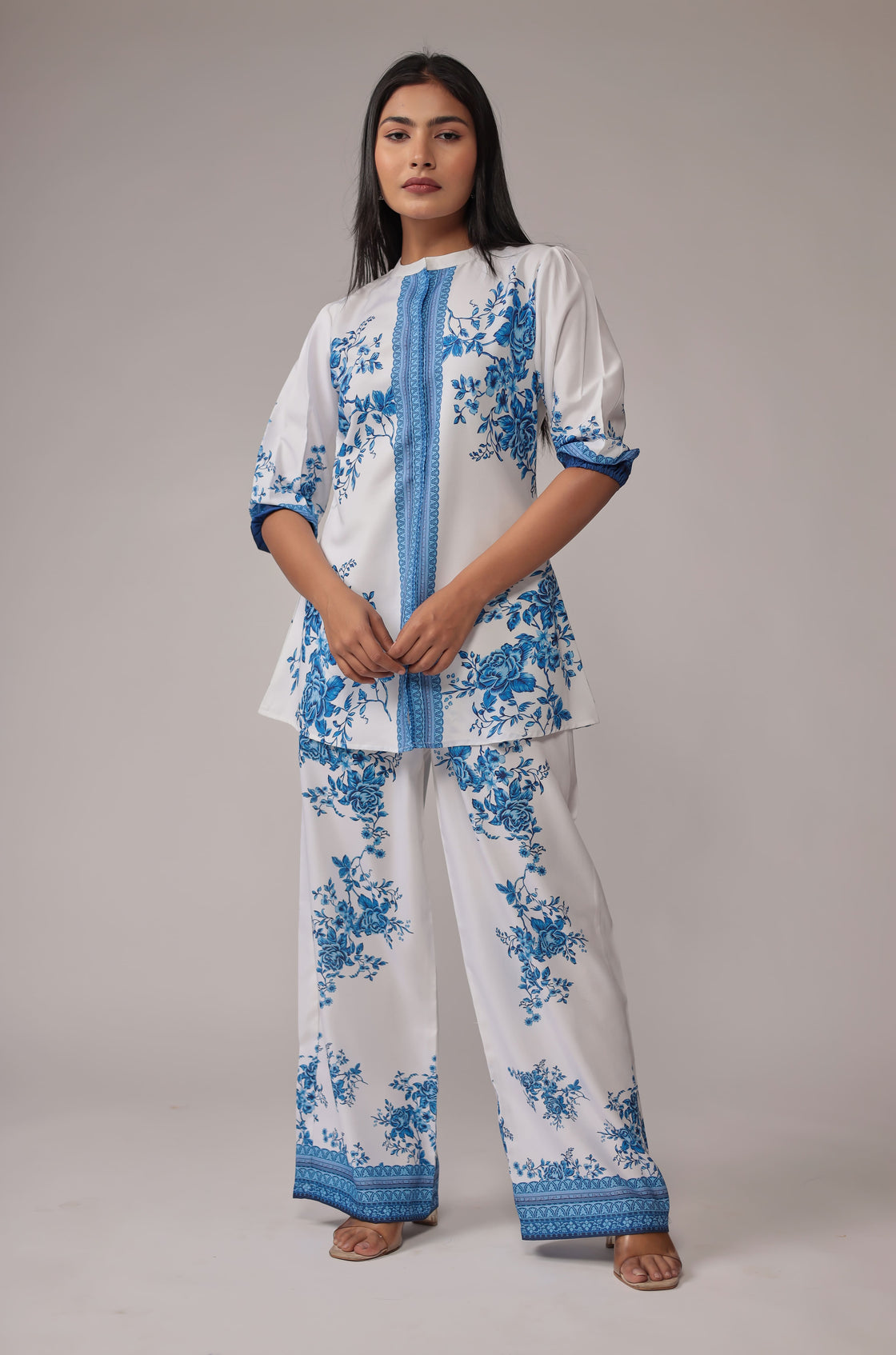 Elegant White with Royal blue Digital Print Co-ord Set