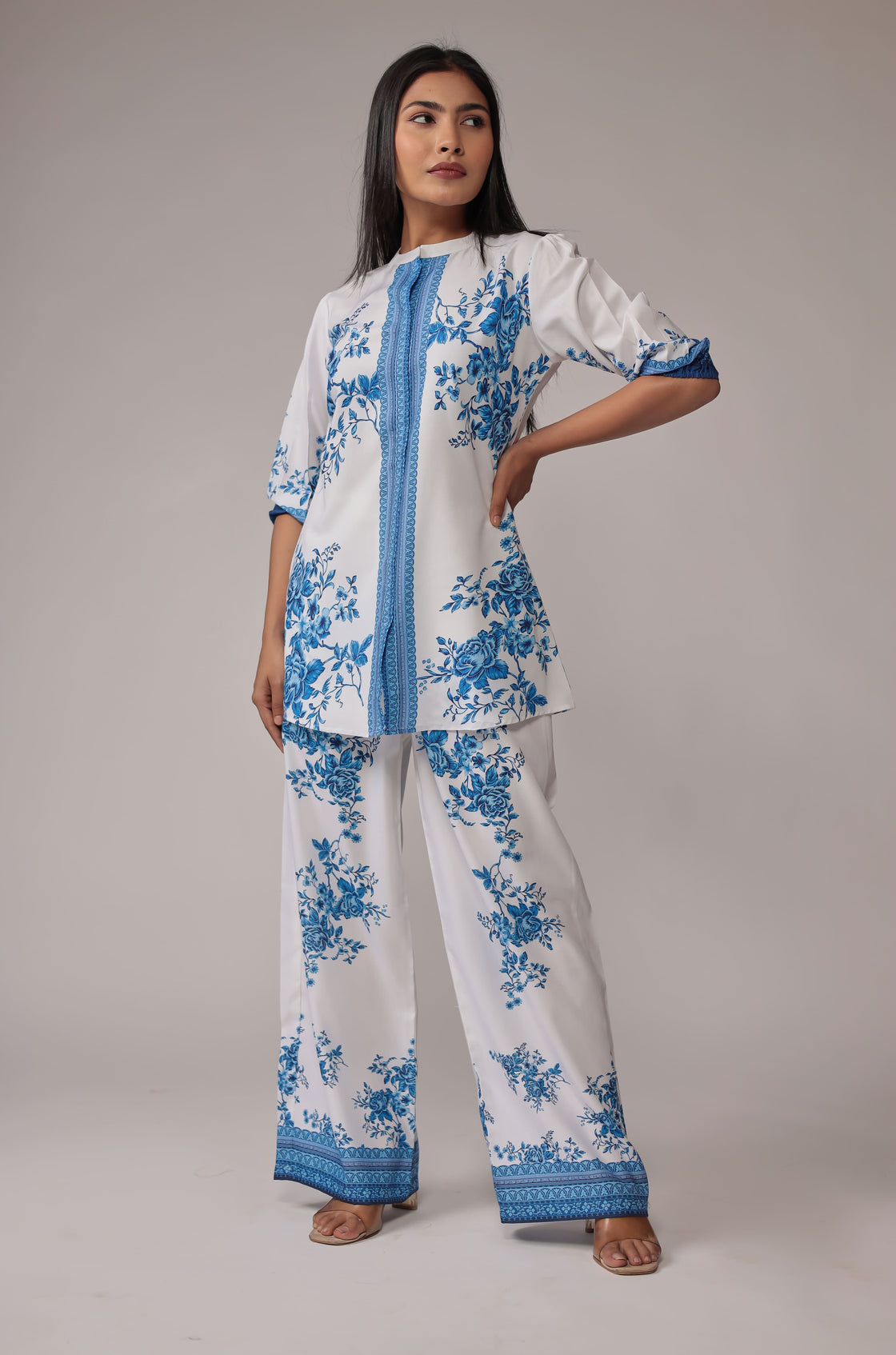 Elegant White with Royal blue Digital Print Co-ord Set