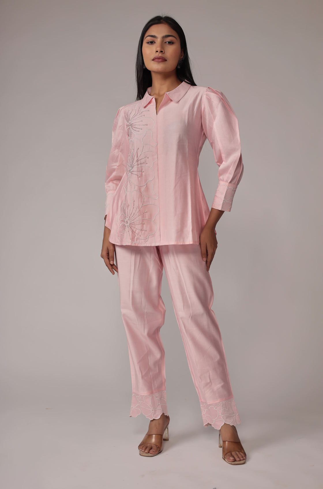 Classy and Stylish Pink Co-ord Set Detailed with Creative Work