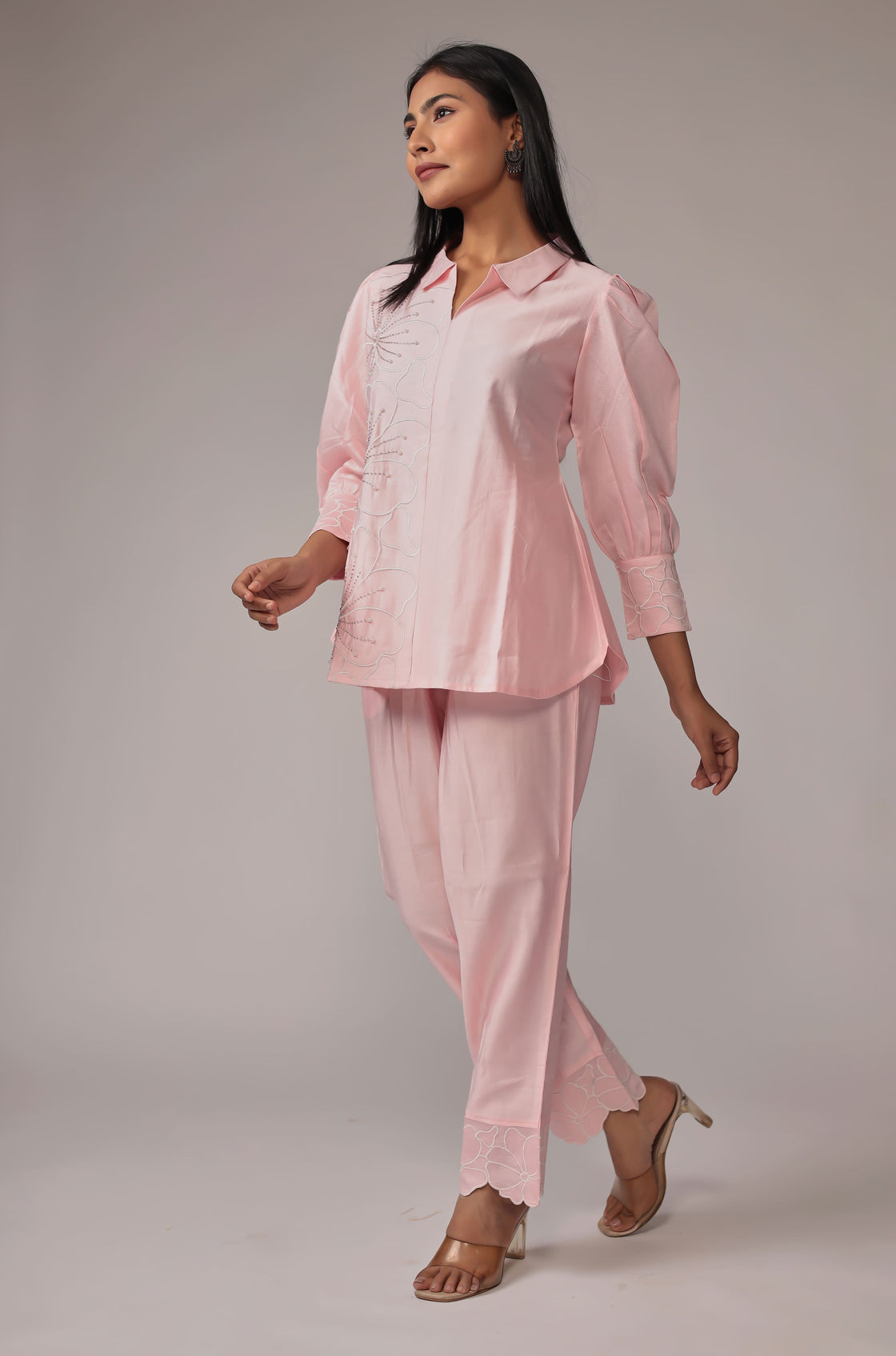 Classy and Stylish Pink Co-ord Set Detailed with Creative Work
