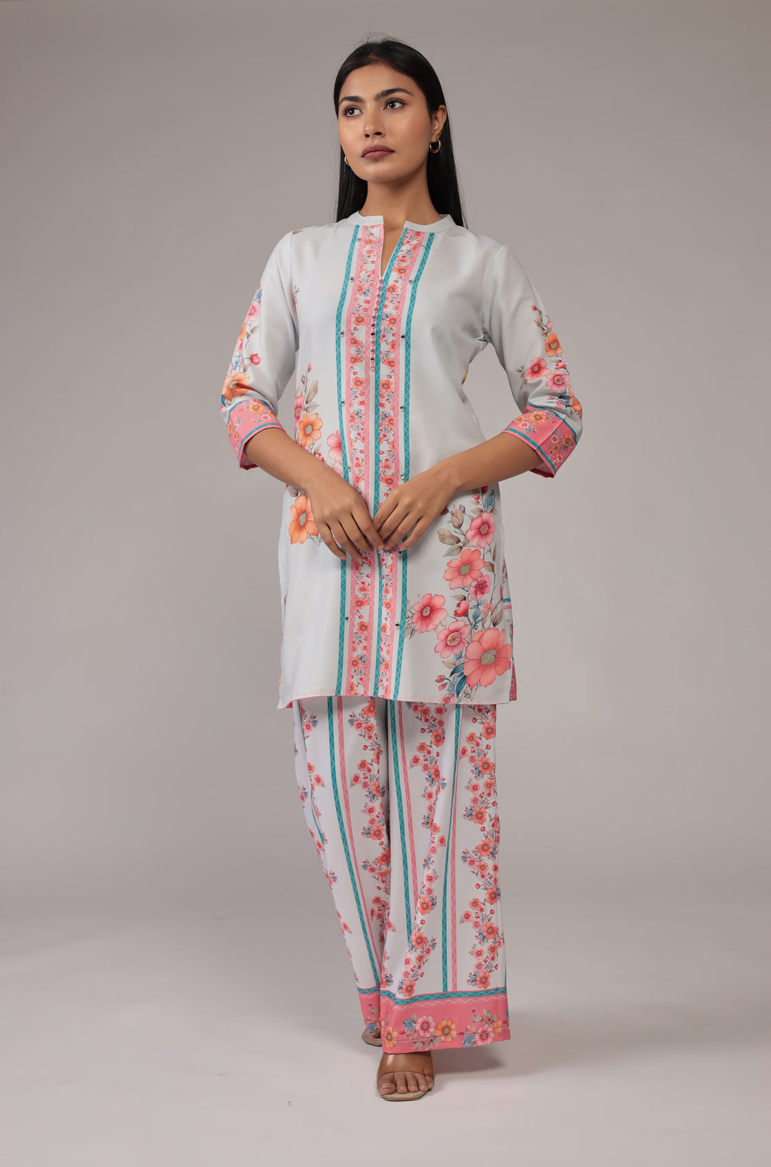 Beautiful Light Grey Digital Print Cord Set