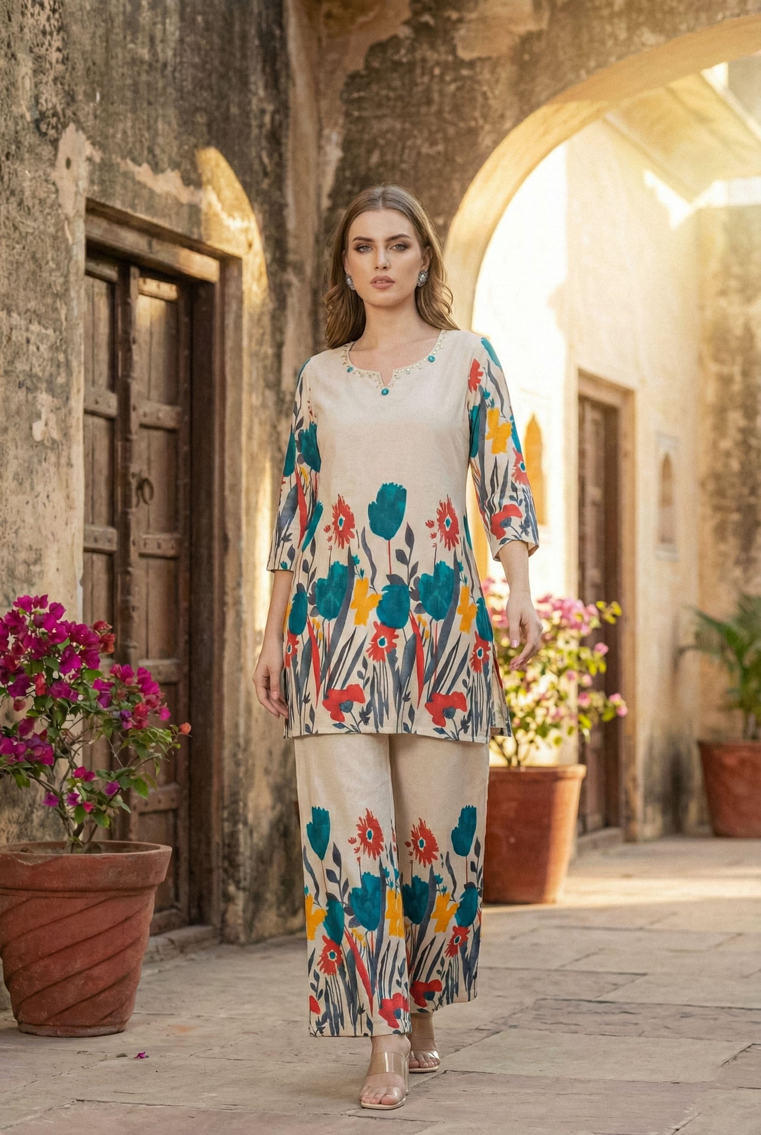 Vivid Floral Art Co-ord Set | Hand-Embroidered Cotton Flex