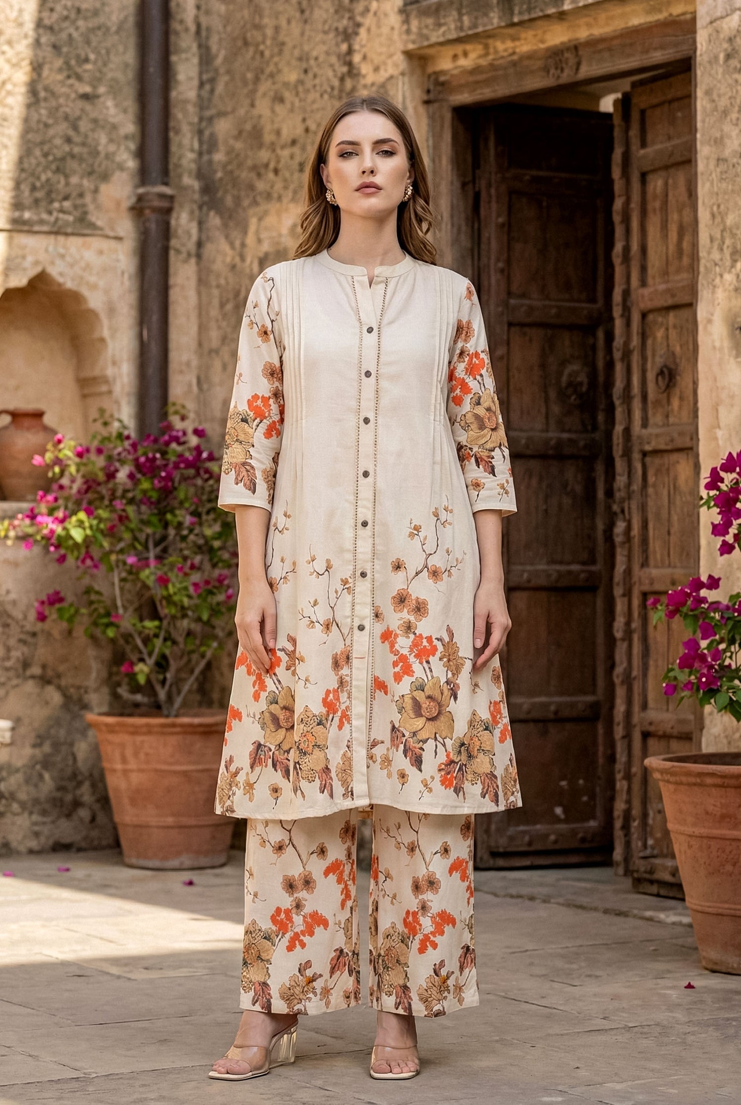 Cream & Orange Floral Print Pintuck A-line Co-ord Set