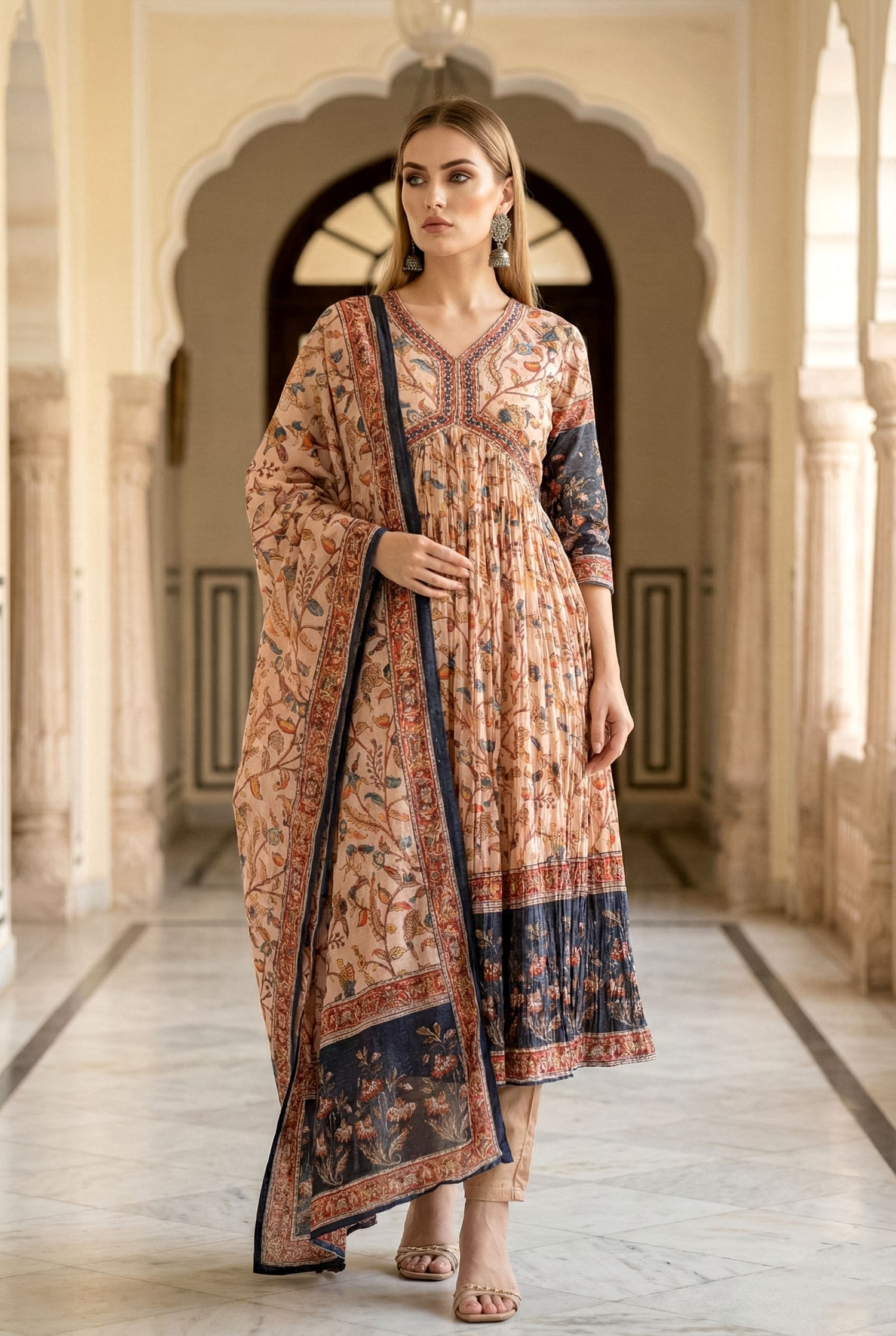 Kalamkari Print Anarkali Suit Set | Embroidered Chinnon Kurta with Silk Pants