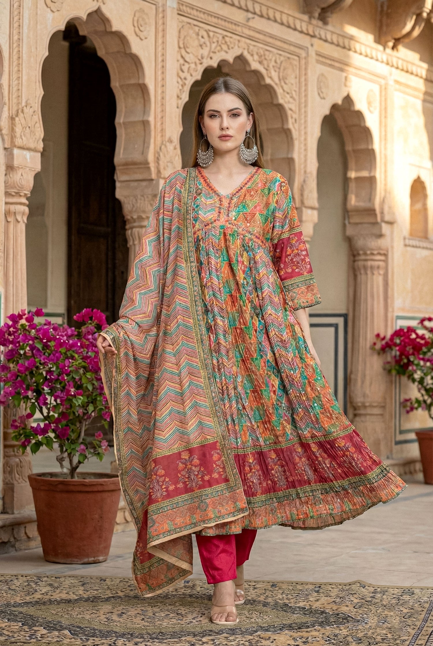 Embroidered Anarkali Suit with Leheriya Print Dupatta