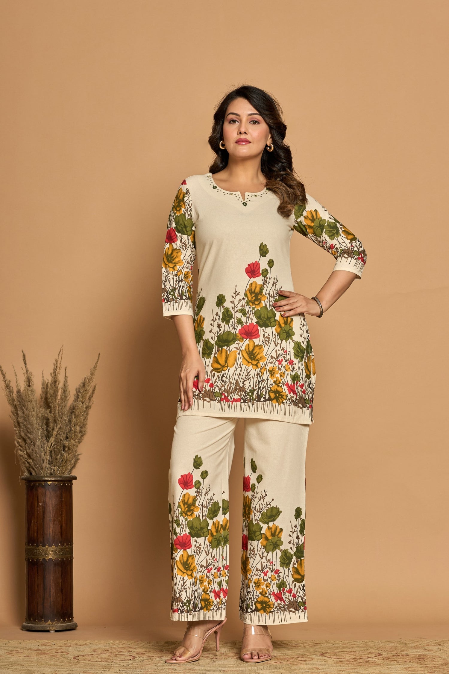 Floral Border Print Co-ord Set | Hand-Embroidered Cotton Flex