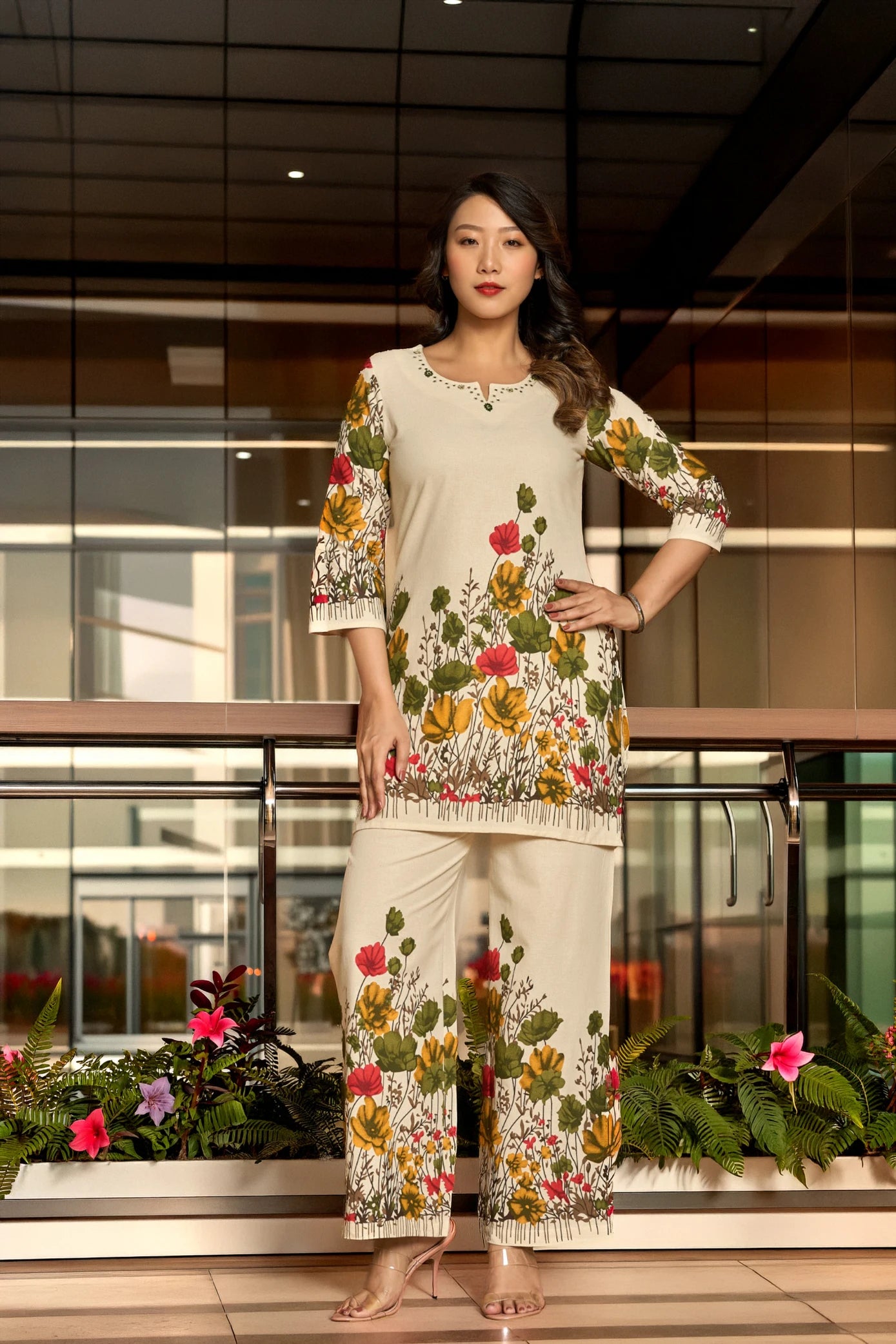 Floral Border Print Co-ord Set | Hand-Embroidered Cotton Flex