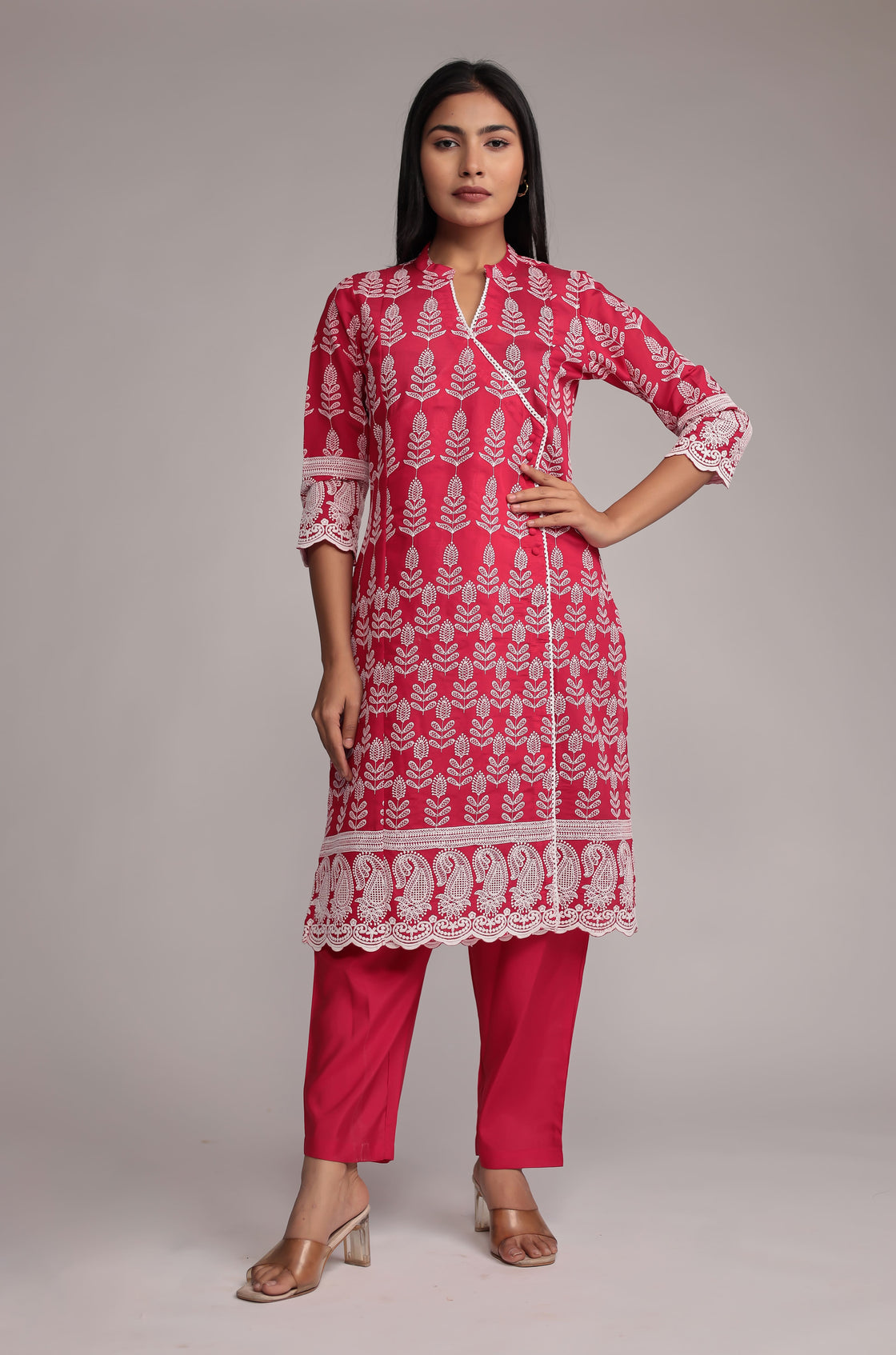 Pink Kurta Pant Set Detailed with Allover Embroidery On Kurta