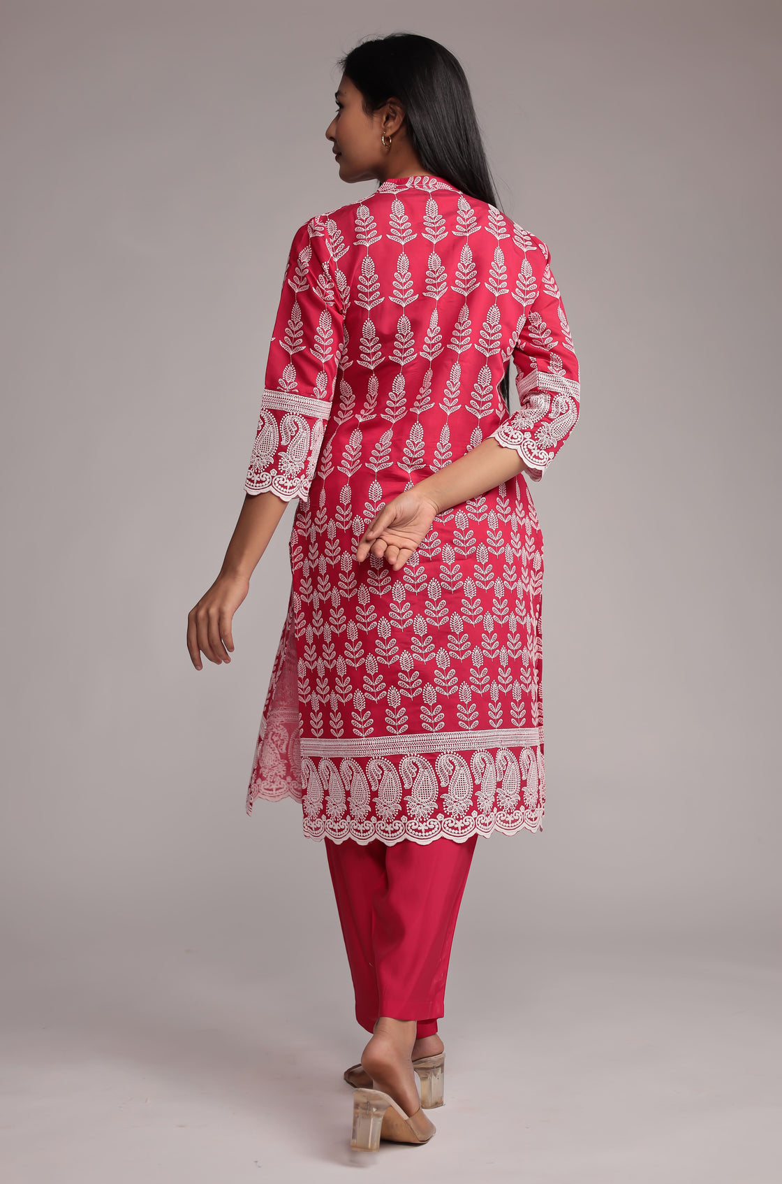 Pink Kurta Pant Set Detailed with Allover Embroidery On Kurta