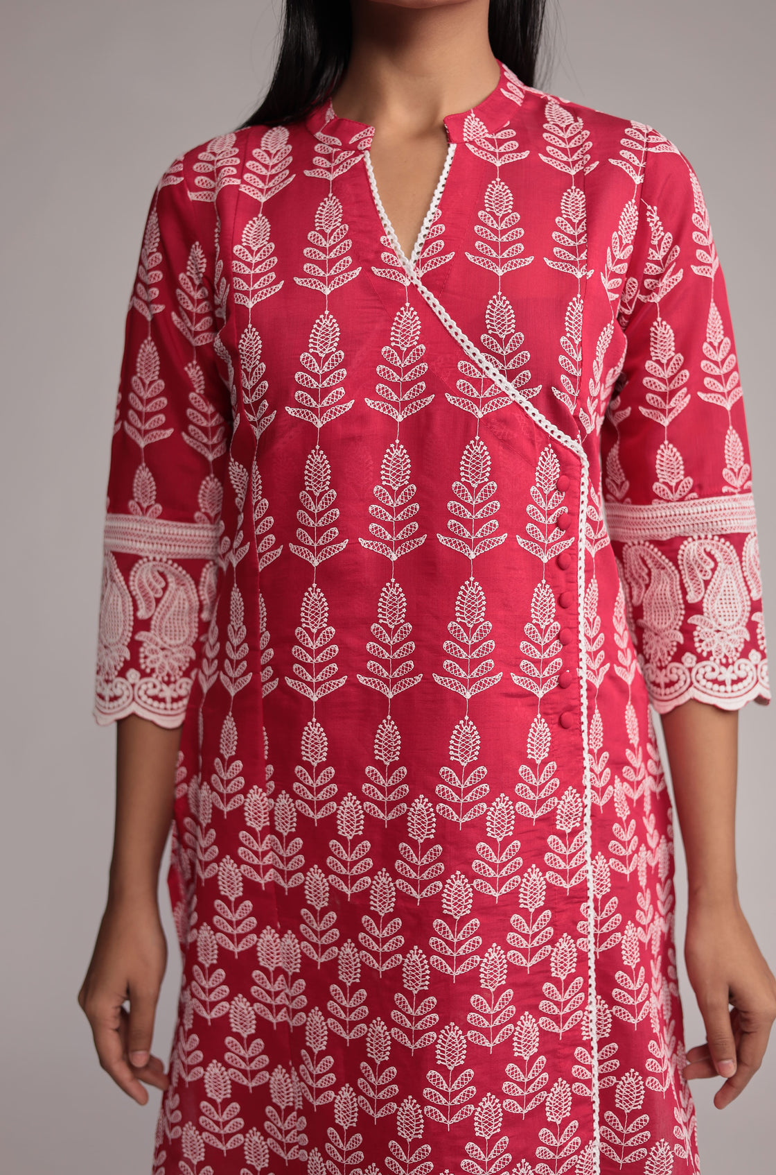 Pink Kurta Pant Set Detailed with Allover Embroidery On Kurta