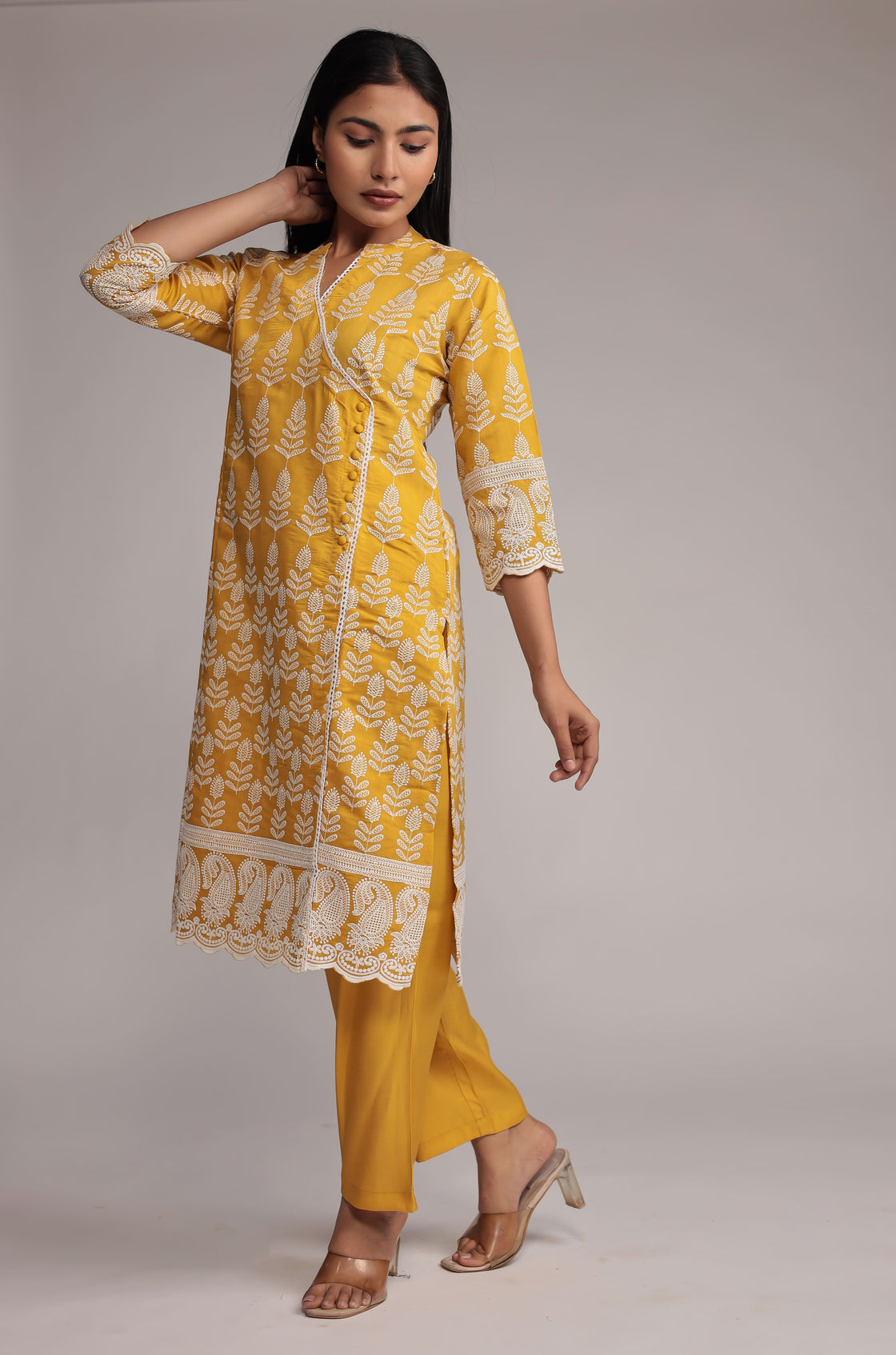 Yellow Kurta Pant Set Detailed with Allover Embroidery On Kurta