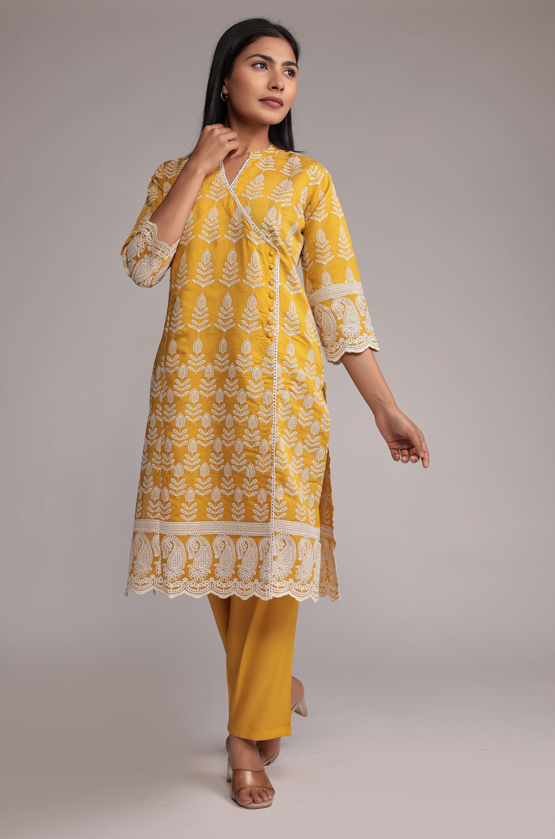 Yellow Kurta Pant Set Detailed with Allover Embroidery On Kurta