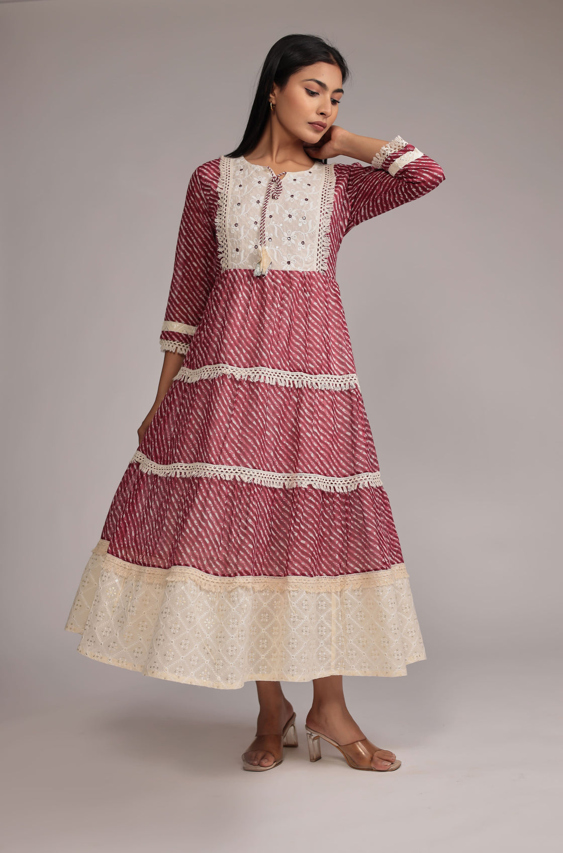 Mulmul and Schiffli Dress Detailed with Mirror Work