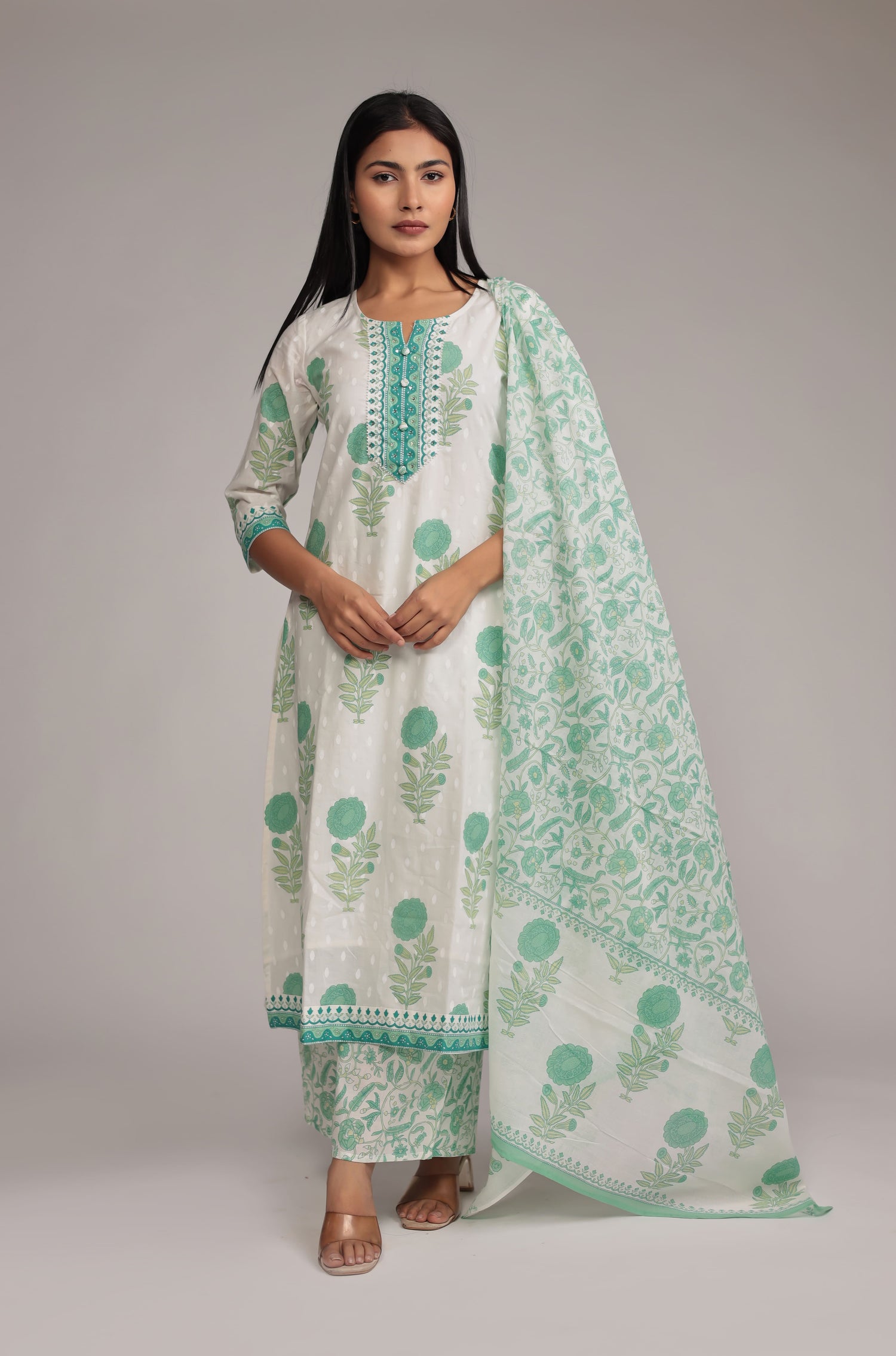 Premium Cotton Dupatta set with Hand Embroidery on Neck