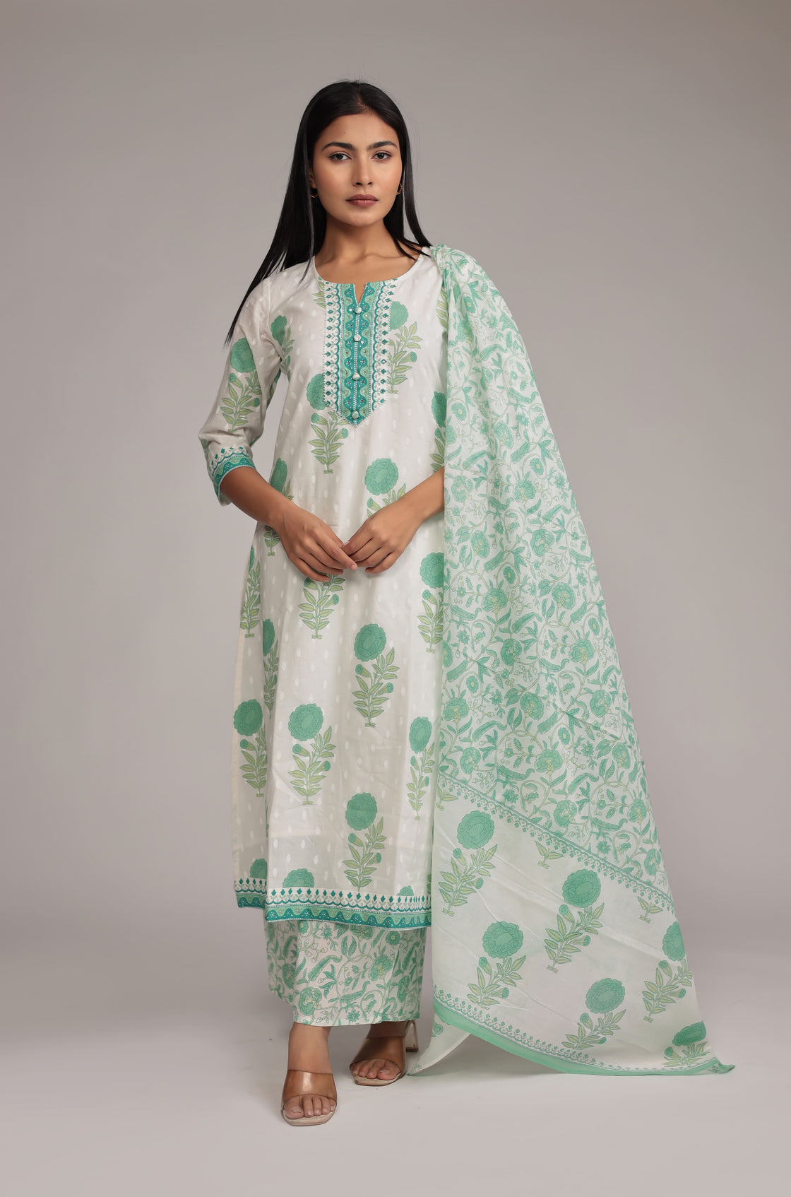 Premium Cotton Dupatta set with Hand Embroidery on Neck