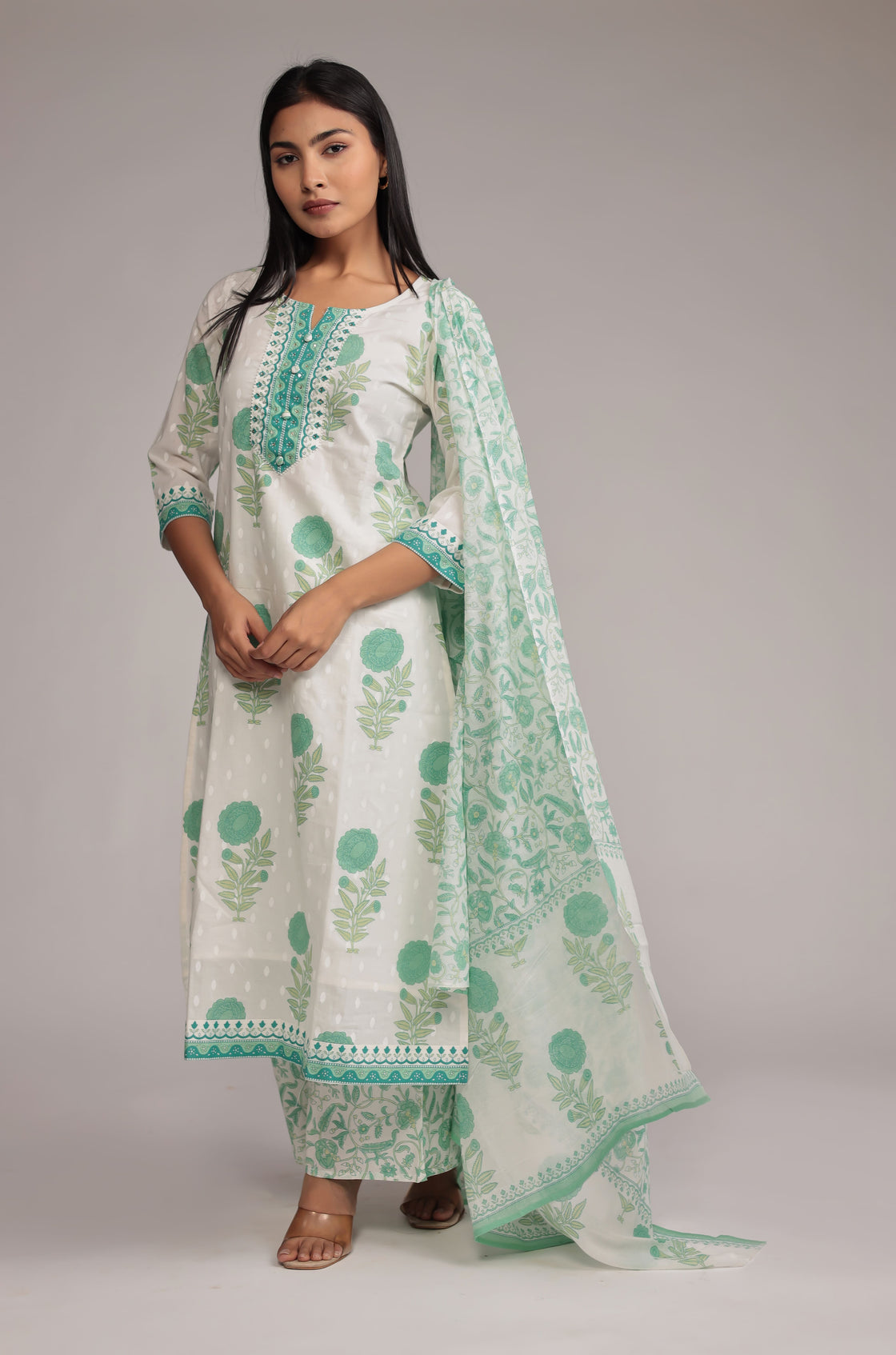 Premium Cotton Dupatta set with Hand Embroidery on Neck