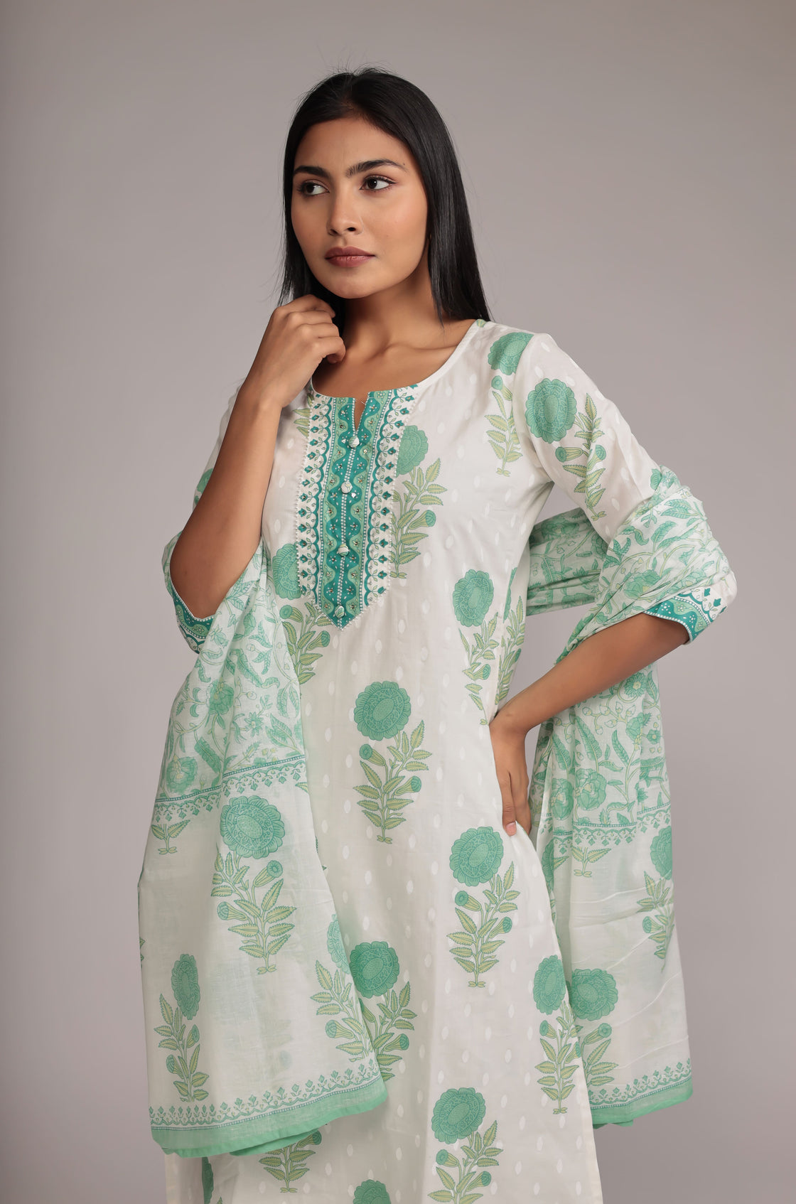 Premium Cotton Dupatta set with Hand Embroidery on Neck