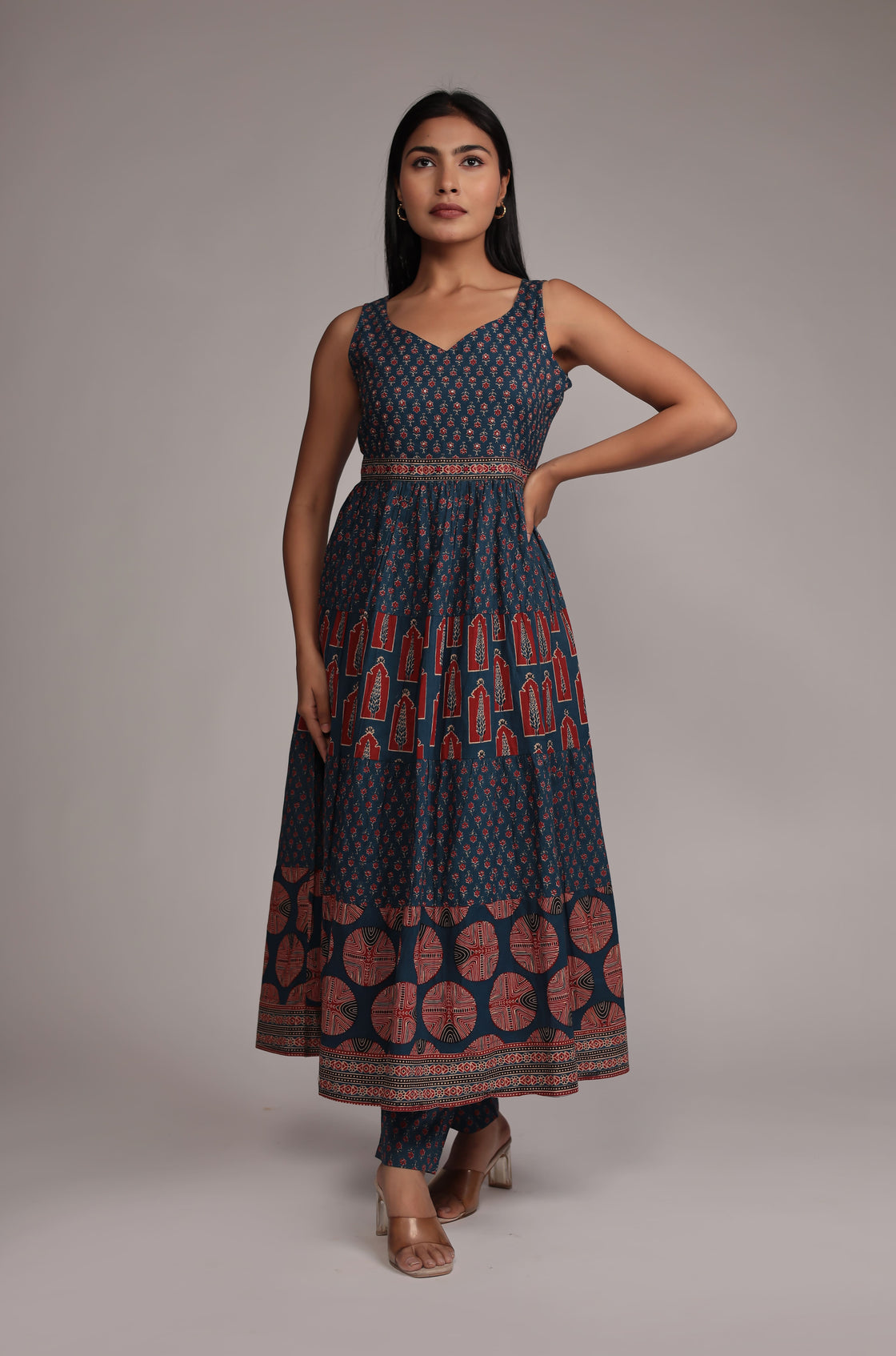 Indigo Print Dress with Pant Detailed with Sequince Work