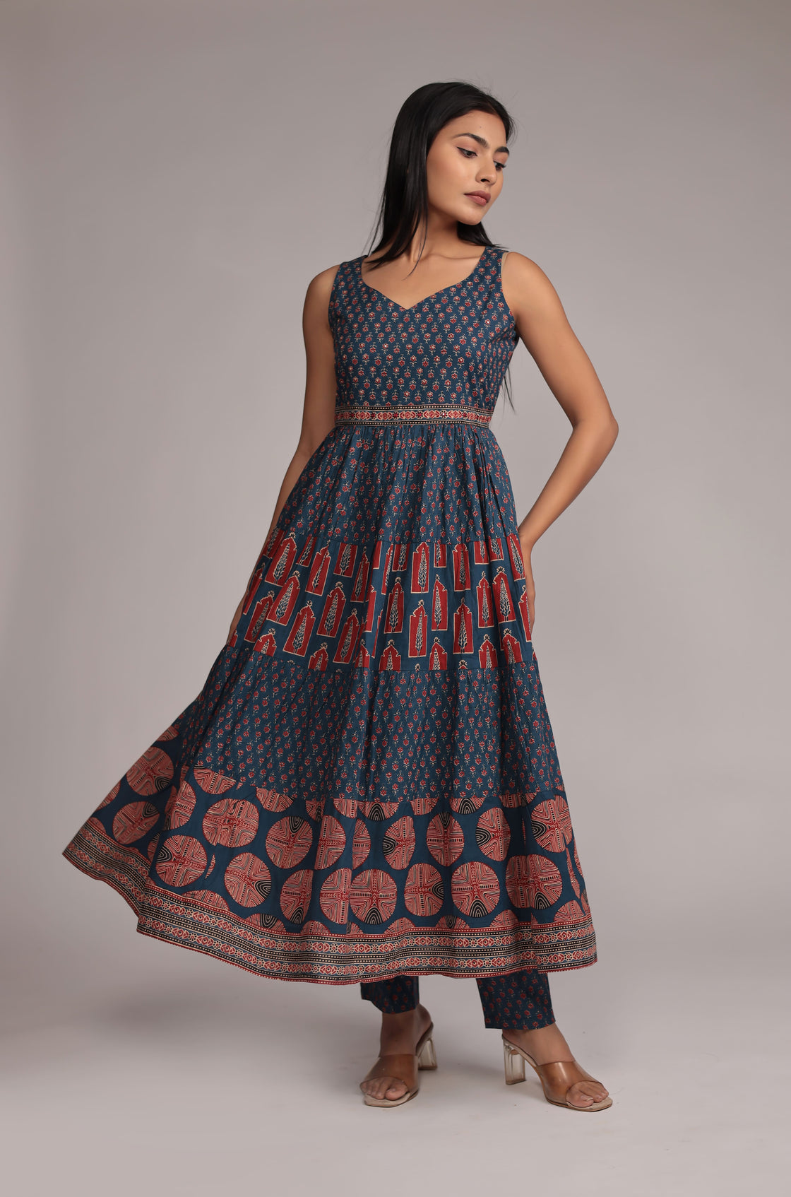 Indigo Print Dress with Pant Detailed with Sequince Work