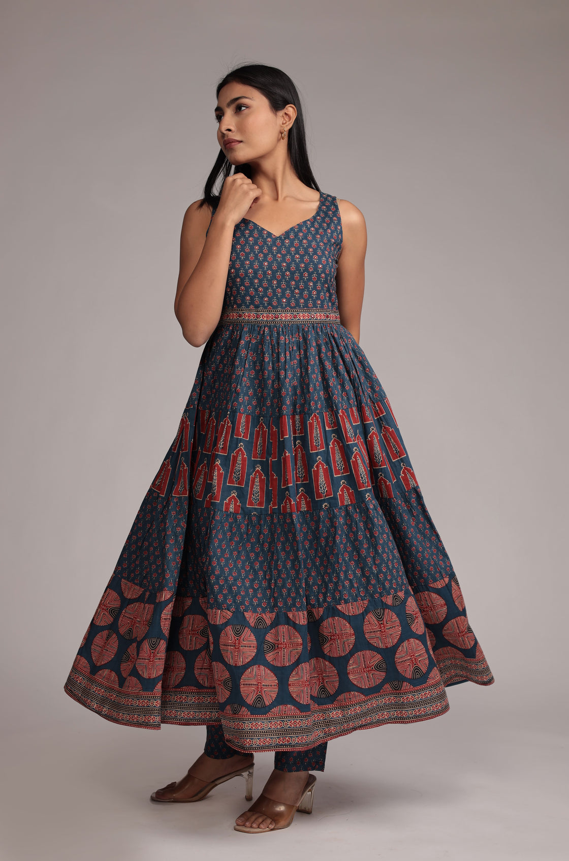 Indigo Print Dress with Pant Detailed with Sequince Work
