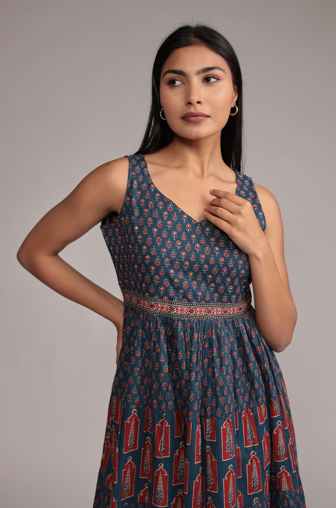 Indigo Print Dress with Pant Detailed with Sequince Work