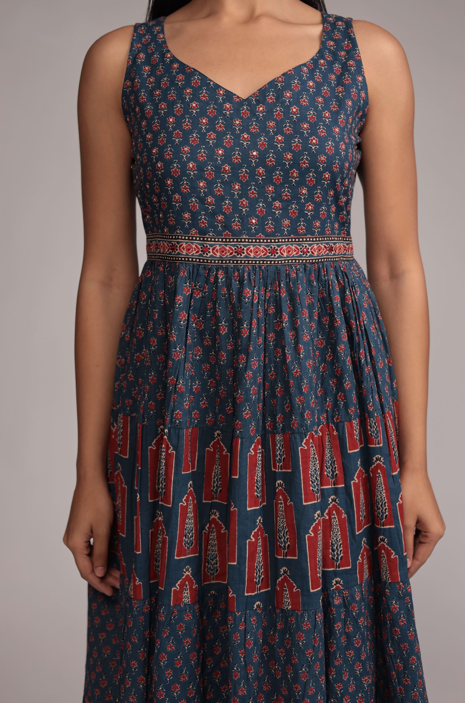 Indigo Print Dress with Pant Detailed with Sequince Work