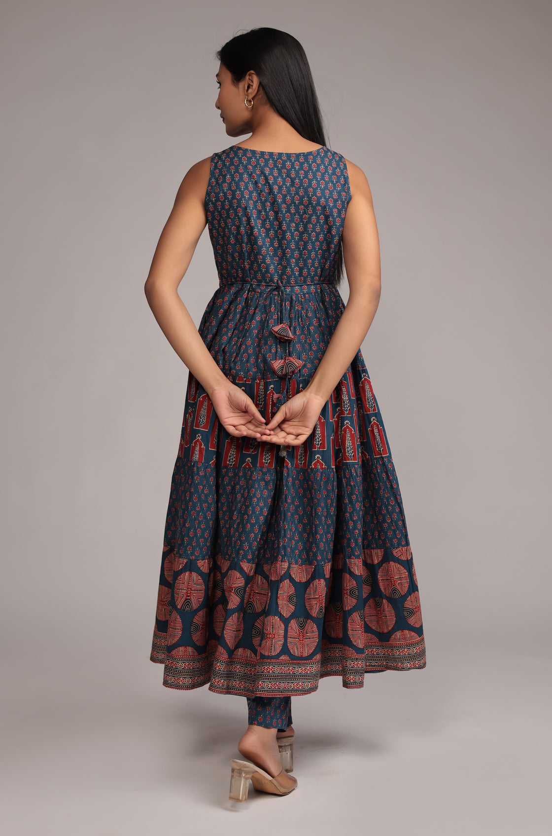 Indigo Print Dress with Pant Detailed with Sequince Work