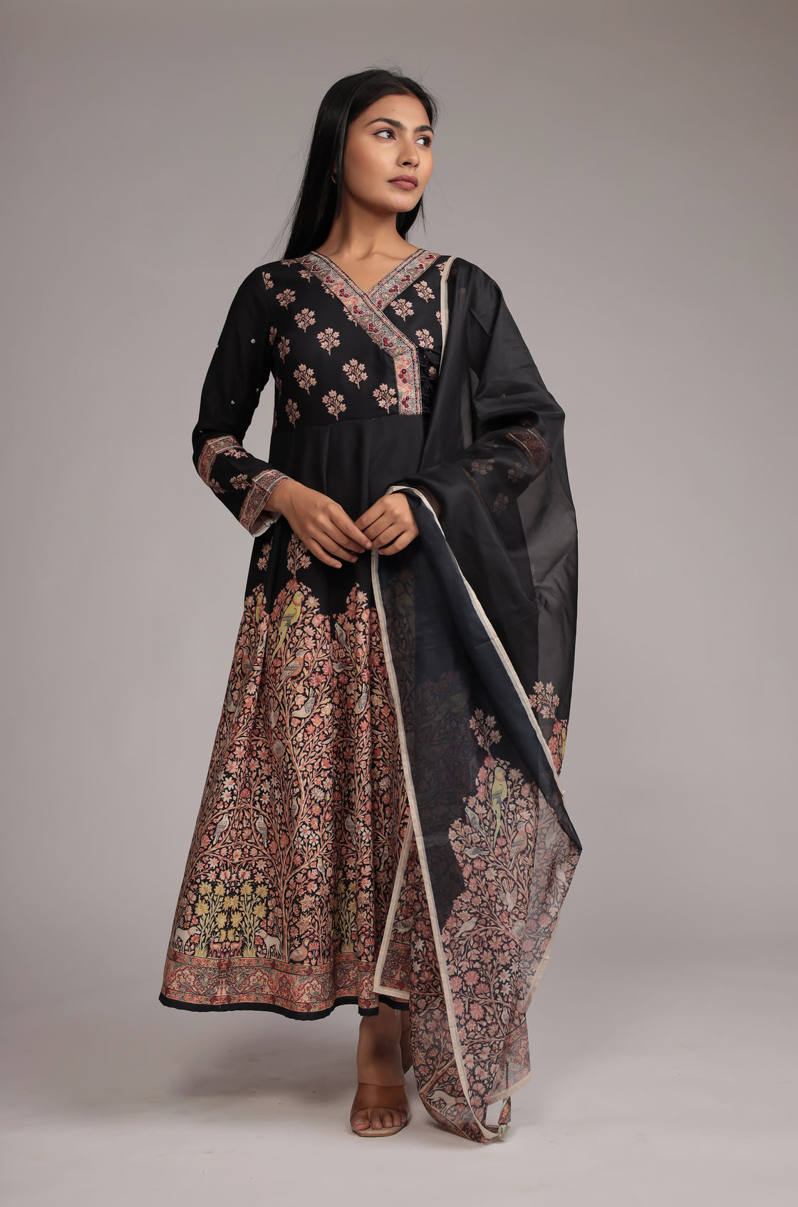 Black Fine Digital Print Anarkali Dupatta Set with Zari Embroidery Detailing