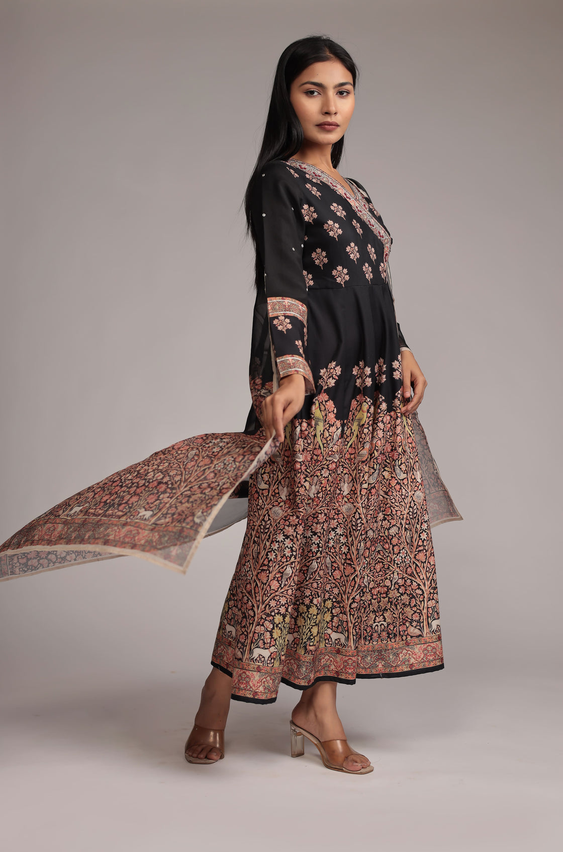 Black Fine Digital Print Anarkali Dupatta Set with Zari Embroidery Detailing