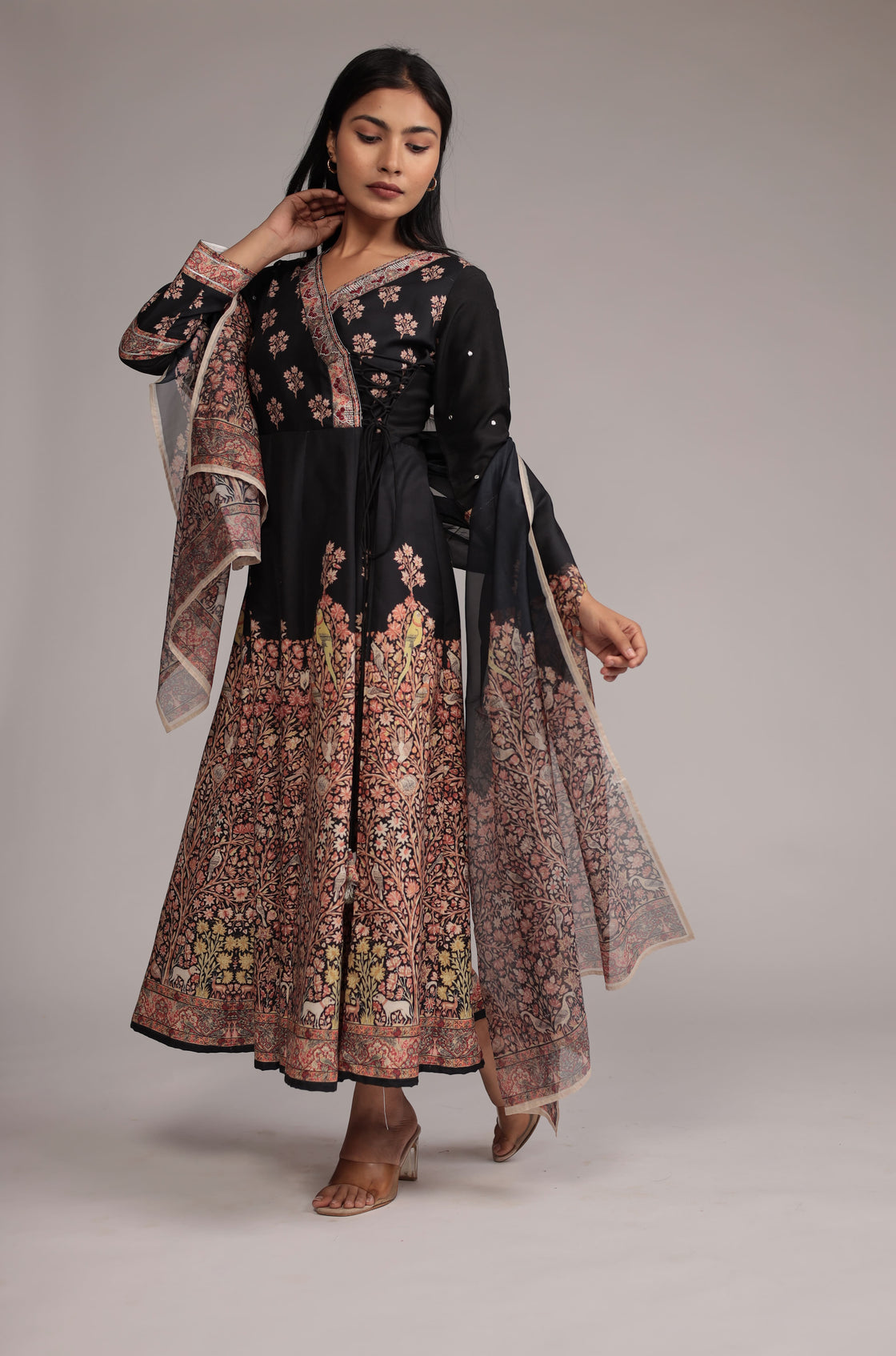 Black Fine Digital Print Anarkali Dupatta Set with Zari Embroidery Detailing