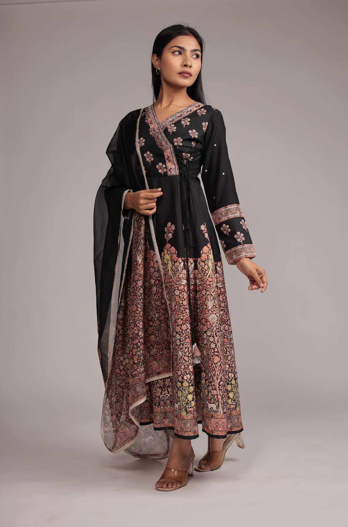 Black Fine Digital Print Anarkali Dupatta Set with Zari Embroidery Detailing