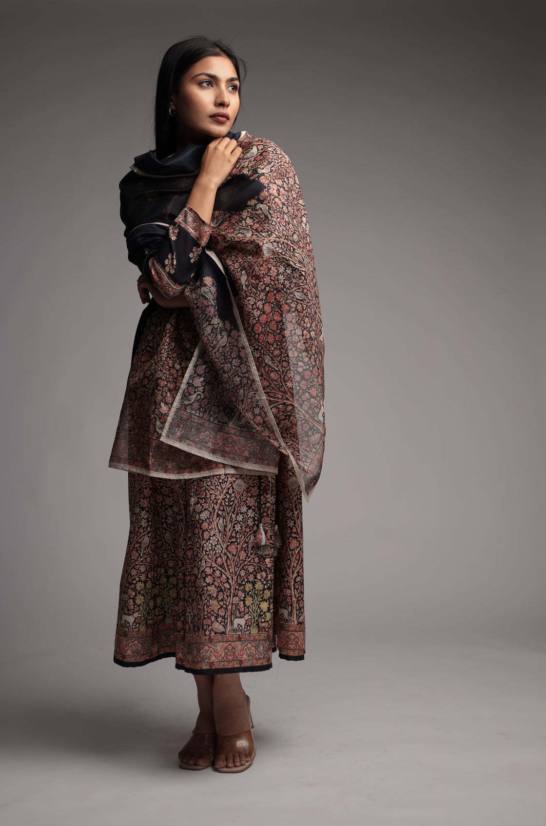 Black Fine Digital Print Anarkali Dupatta Set with Zari Embroidery Detailing