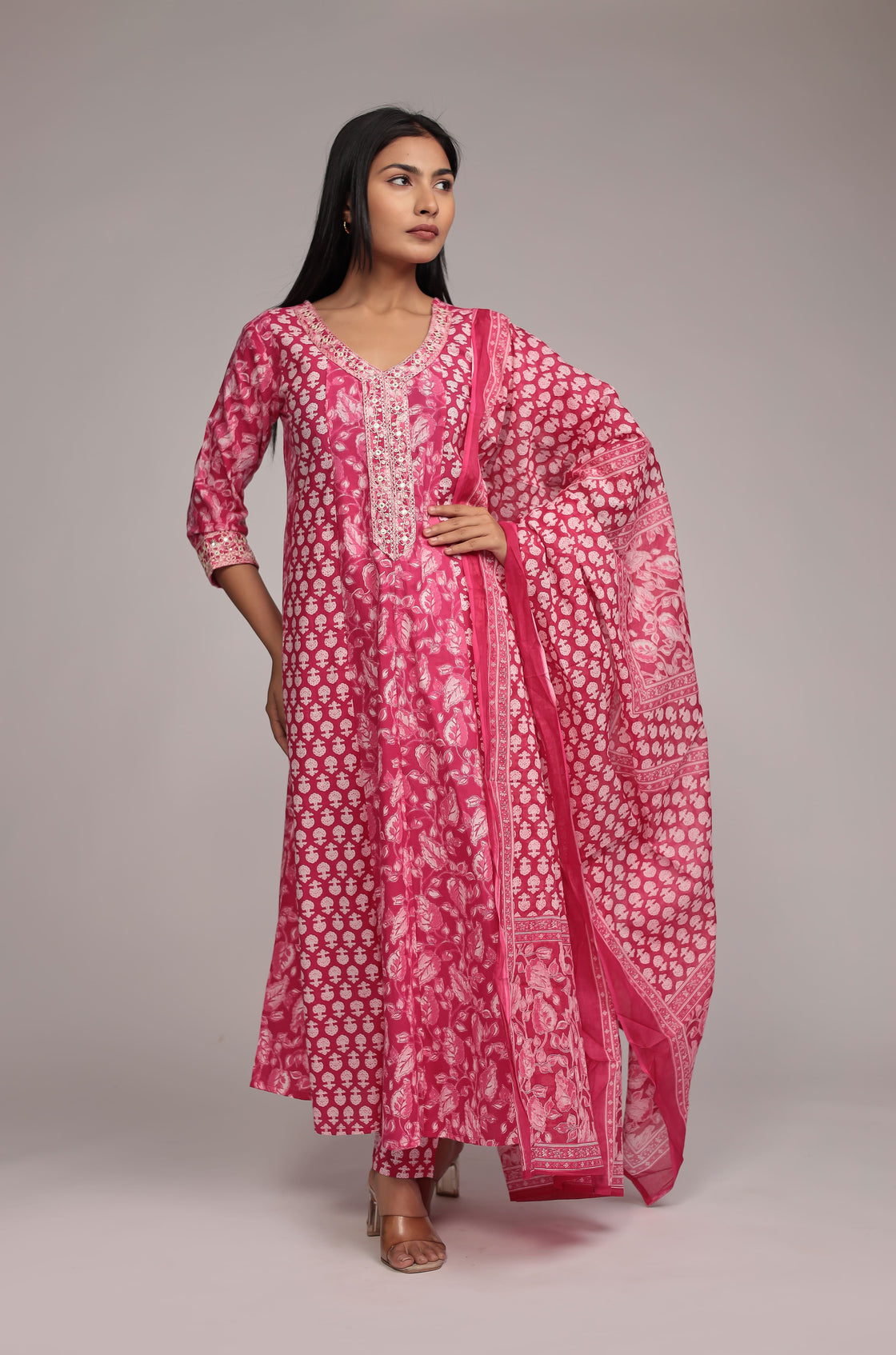 Printed Pink Anarkali Dupatta Set Detailed with Embroidery on Neck and Sleeves