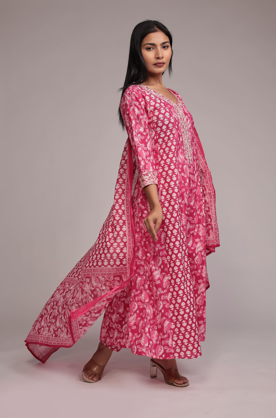 Printed Pink Anarkali Dupatta Set Detailed with Embroidery on Neck and Sleeves