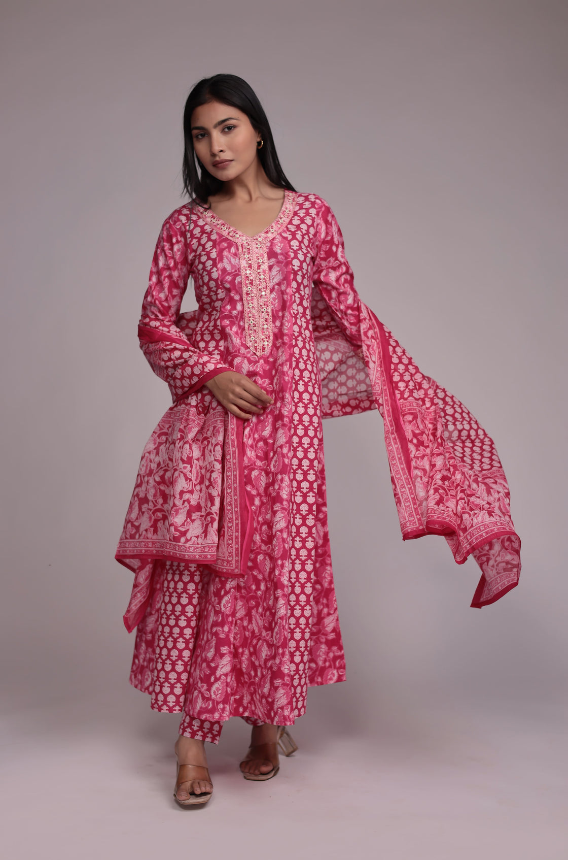 Printed Pink Anarkali Dupatta Set Detailed with Embroidery on Neck and Sleeves