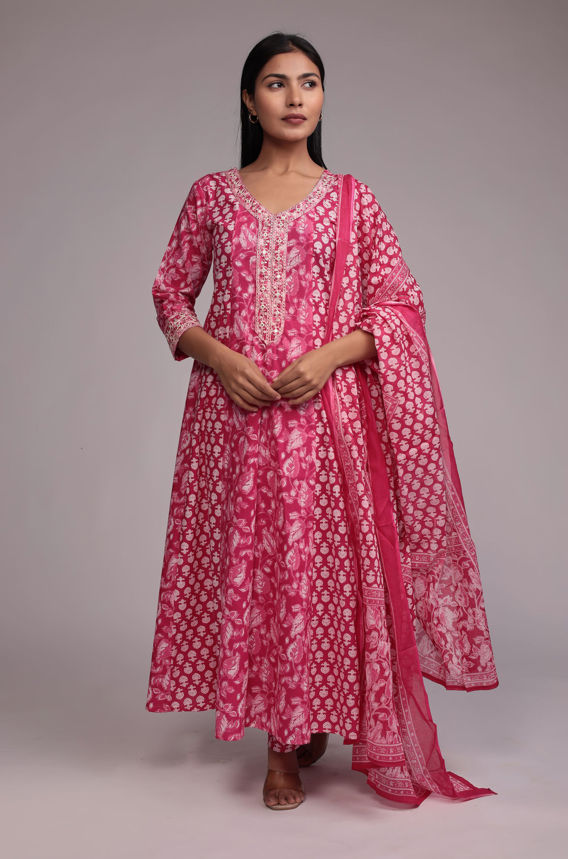 Printed Pink Anarkali Dupatta Set Detailed with Embroidery on Neck and Sleeves