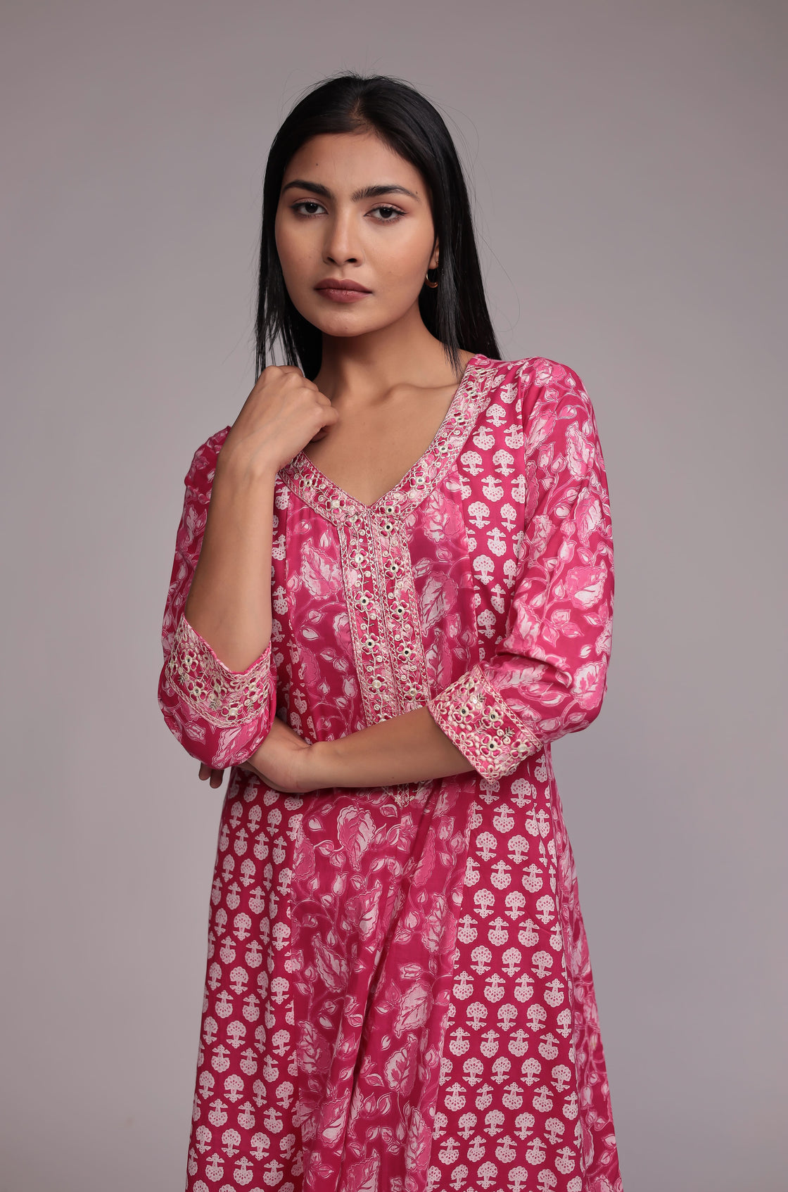 Printed Pink Anarkali Dupatta Set Detailed with Embroidery on Neck and Sleeves