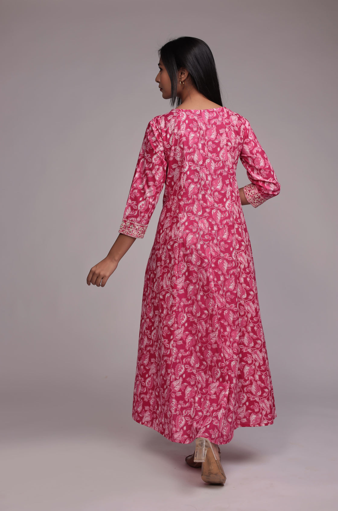 Printed Pink Anarkali Dupatta Set Detailed with Embroidery on Neck and Sleeves