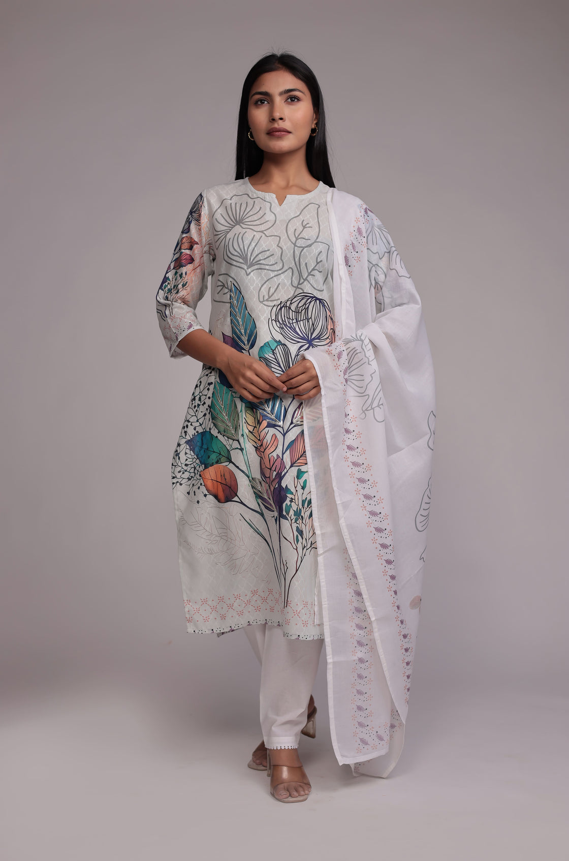 Elegant White Lapet Fine Digital Print Dupatta Set Highlighted with Gota Work