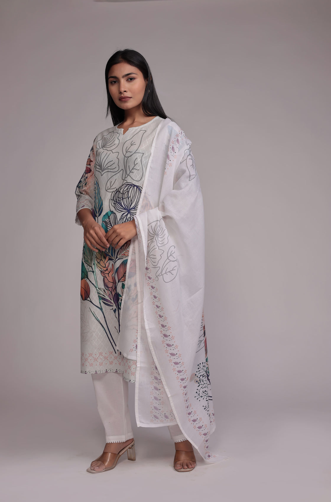 Elegant White Lapet Fine Digital Print Dupatta Set Highlighted with Gota Work
