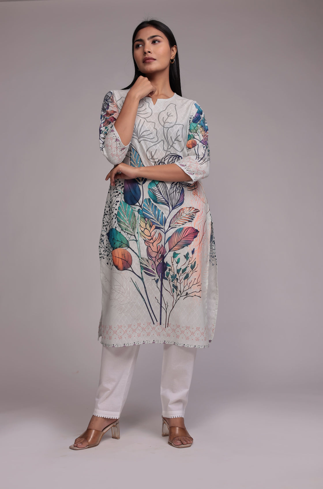 Elegant White Lapet Fine Digital Print Dupatta Set Highlighted with Gota Work