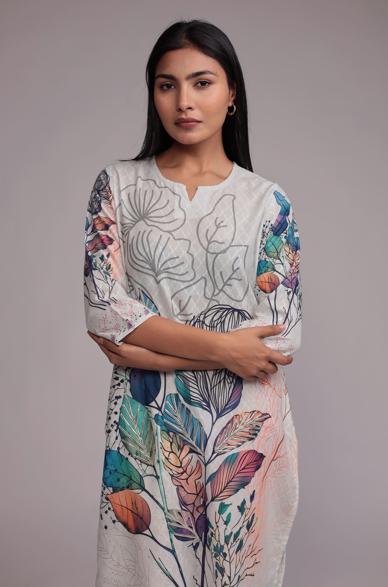 Elegant White Lapet Fine Digital Print Dupatta Set Highlighted with Gota Work