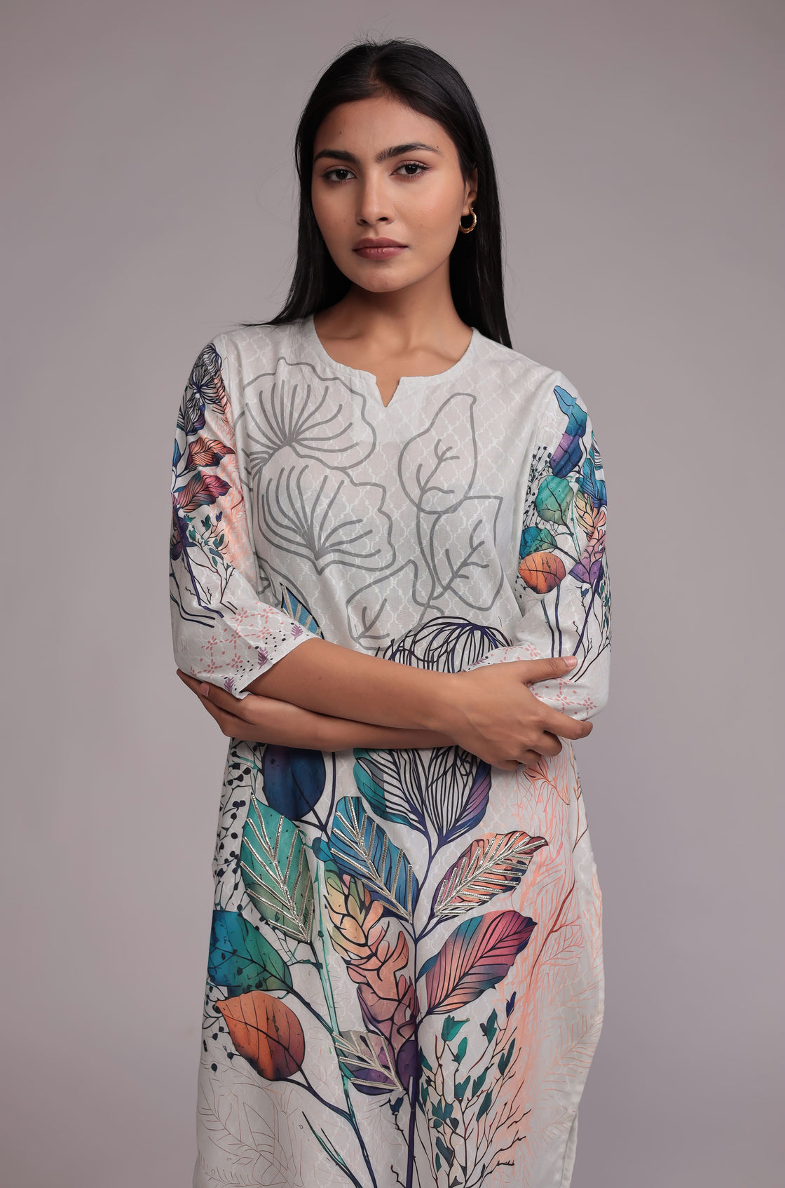 Elegant White Lapet Fine Digital Print Dupatta Set Highlighted with Gota Work