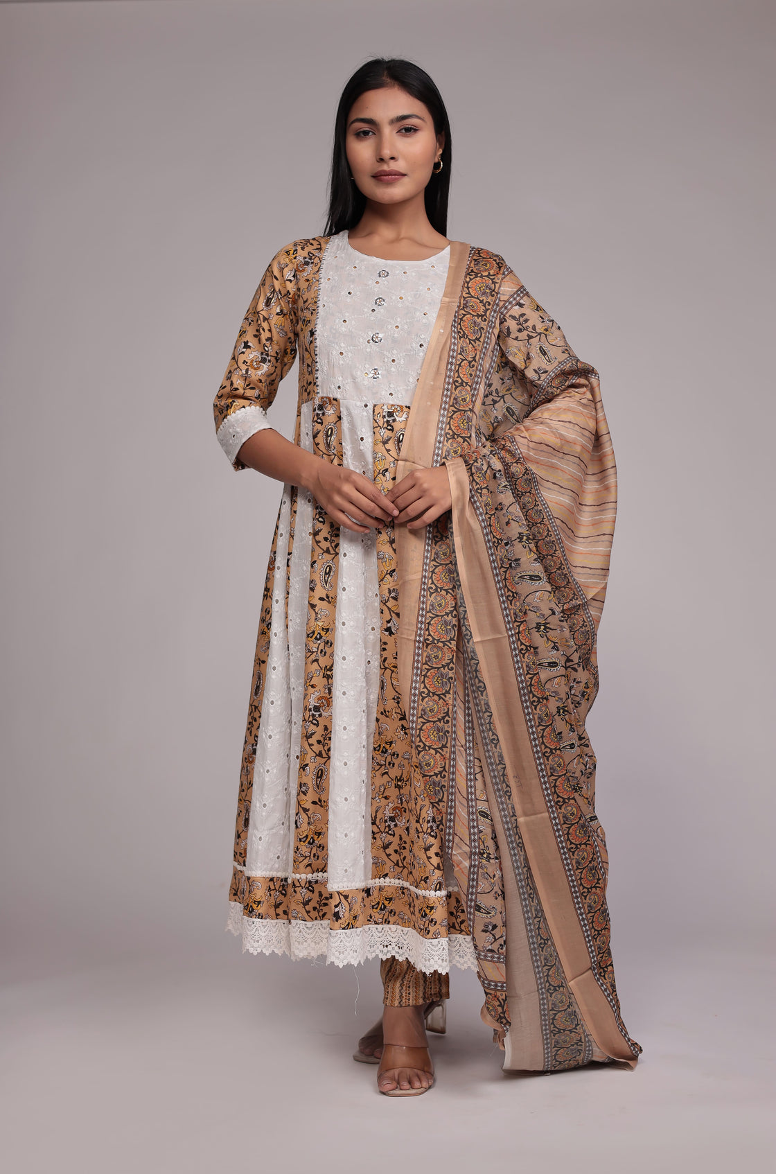 Mustard Schiffli Anarkali Dupatta Set Detailed with mirror work