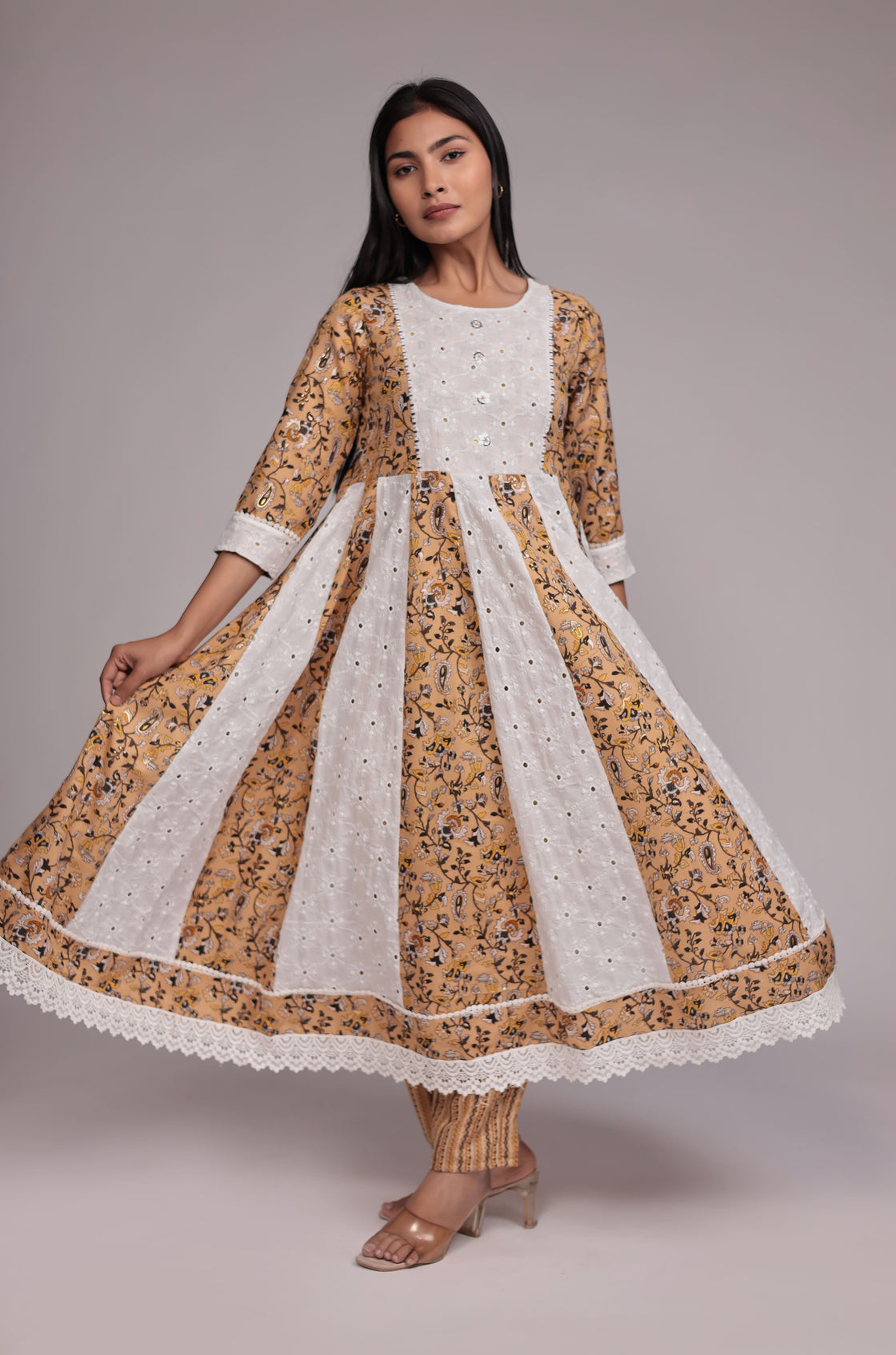 Mustard Schiffli Anarkali Dupatta Set Detailed with mirror work