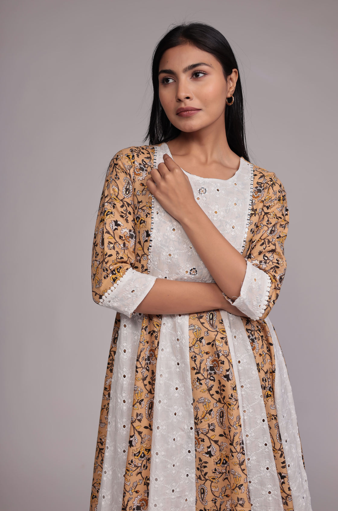 Mustard Schiffli Anarkali Dupatta Set Detailed with mirror work