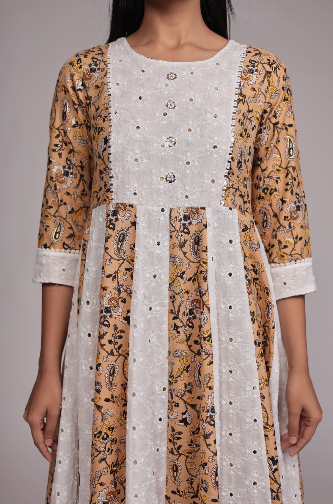 Mustard Schiffli Anarkali Dupatta Set Detailed with mirror work